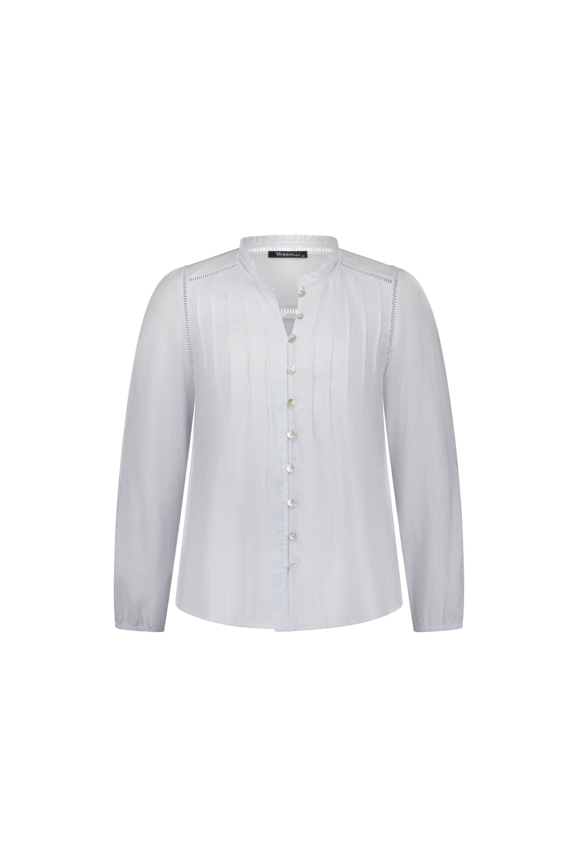 4453 White - Long Sleeve Shirt with Frill Collar and Pintuck Front - Vassalli