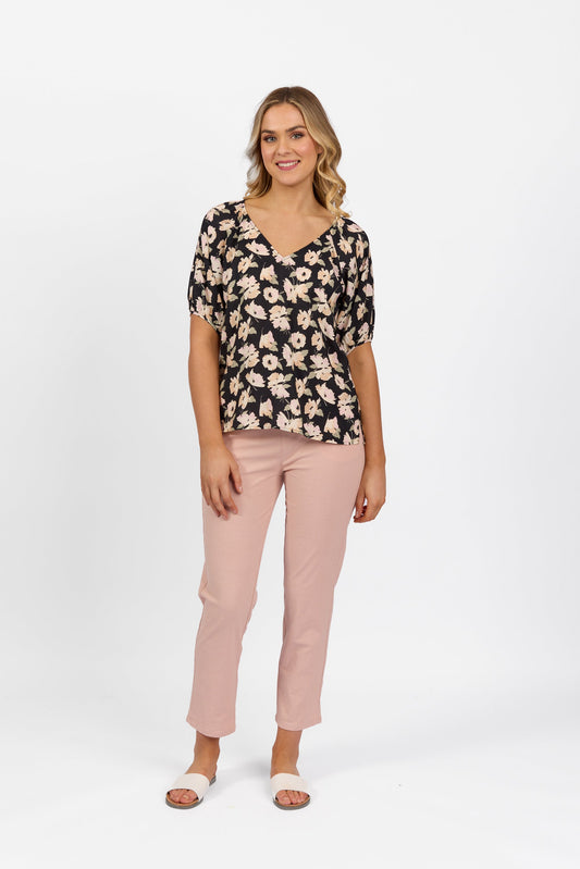 4454P Thea - Printed V Neck Top with Floaty Sleeve - Vassalli