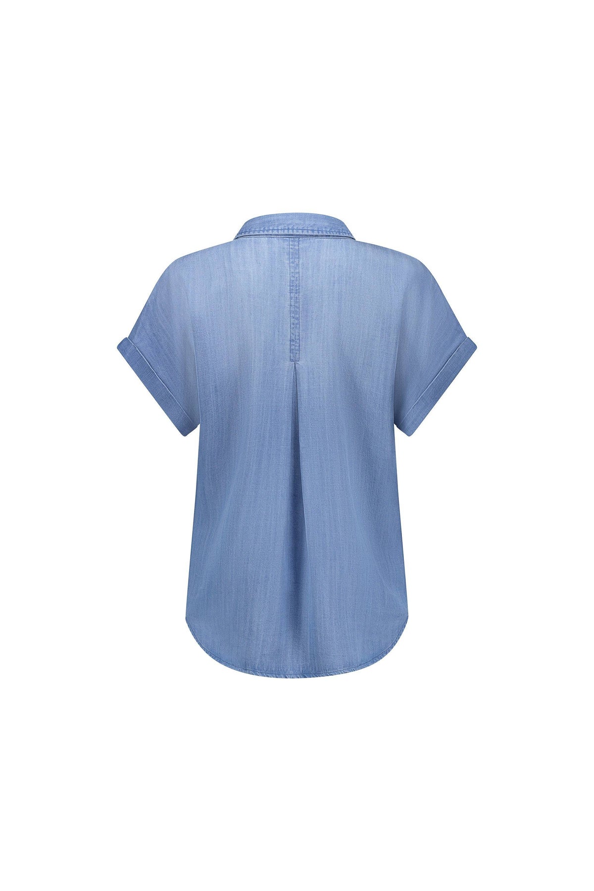 Back view of the Vassalli Shirt - Blue Wash, a short-sleeve denim shirt featuring a collar and center pleat. The cuffed sleeves showcase a subtle dropped shoulder design, while the hem is slightly rounded. This Tencel shirt is displayed on a white background.