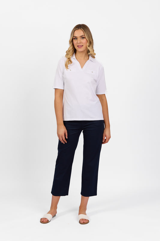 4458 White - Collared Polo with Sleeve Cuff Detail - Vassalli