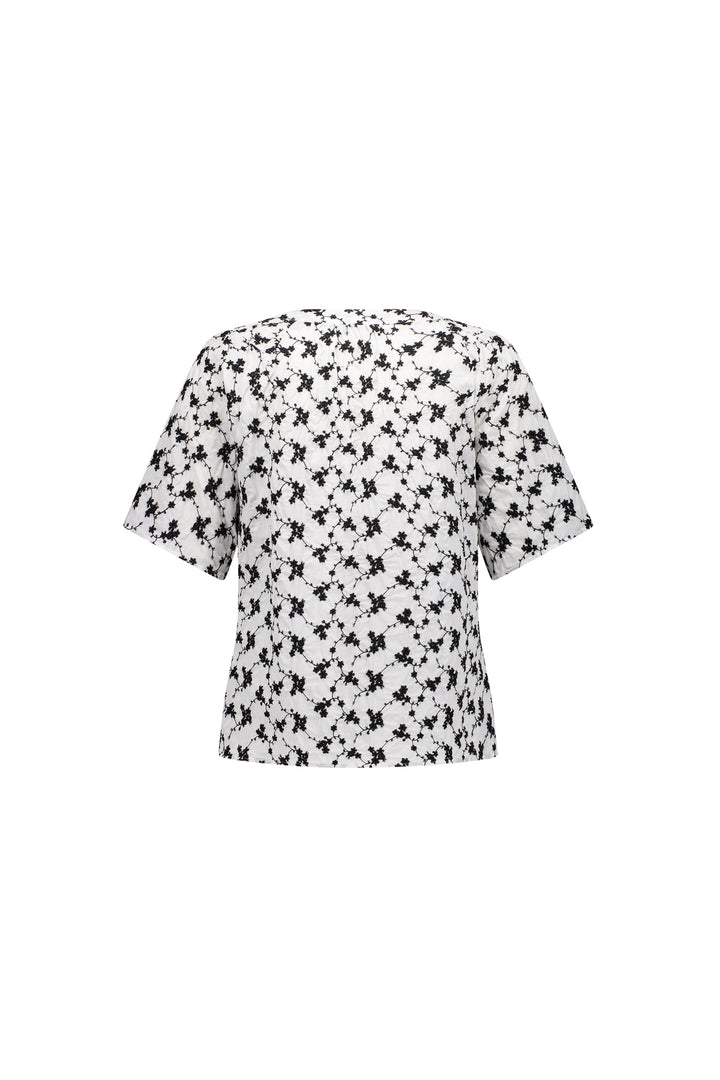 4462P Floral - Short Sleeve Button-Up Top with V Neck and Shirred Shoulders - Vassalli