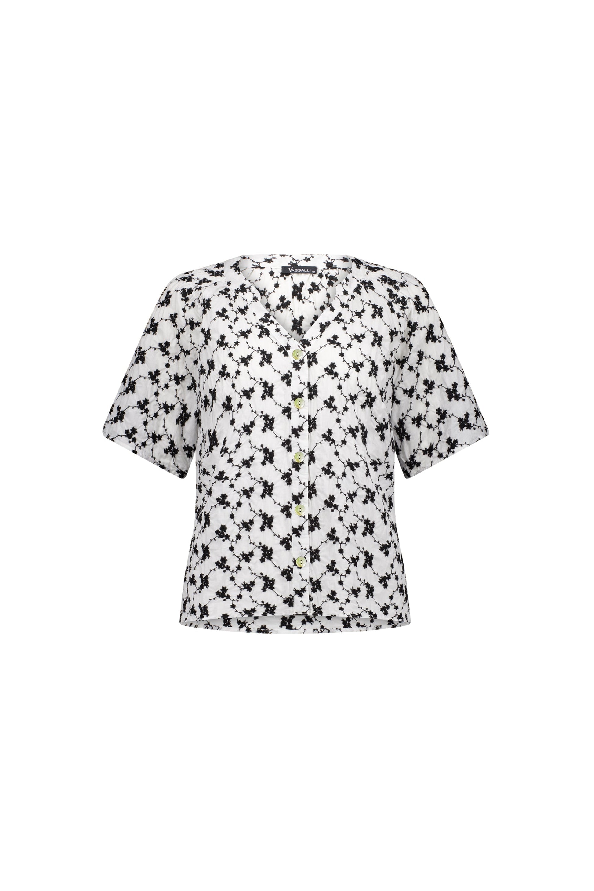 4462P Floral - Short Sleeve Button-Up Top with V Neck and Shirred Shoulders - Vassalli