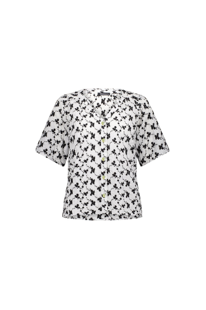 4462P Floral - Short Sleeve Button-Up Top with V Neck and Shirred Shoulders - Vassalli