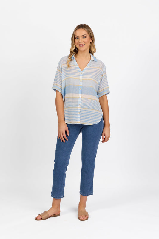 4463 Blue Stripe - Dropped Shoulder Shirt with Rounded Hem - Vassalli