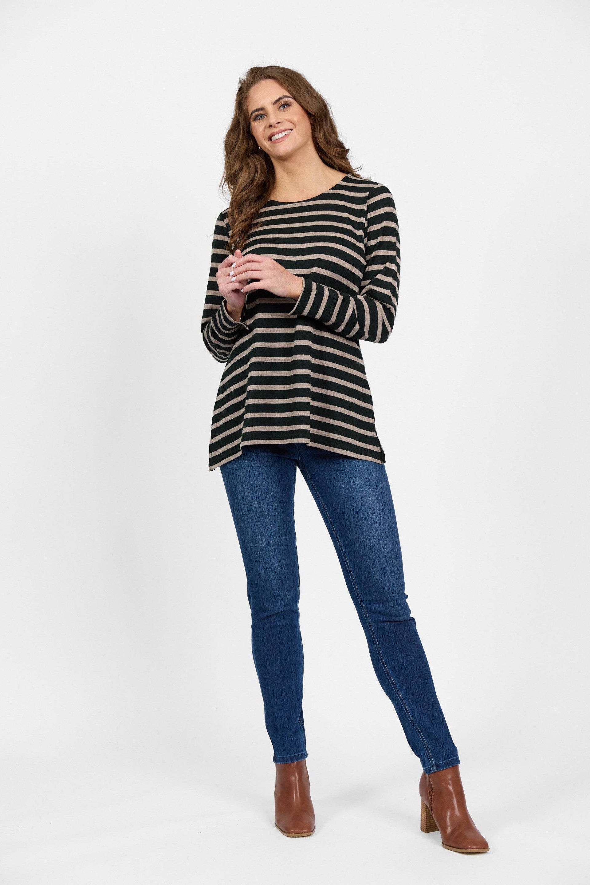 4464 Forest/Twig Stripe - 100% Merino Long Sleeve Swing Top - Vassalli