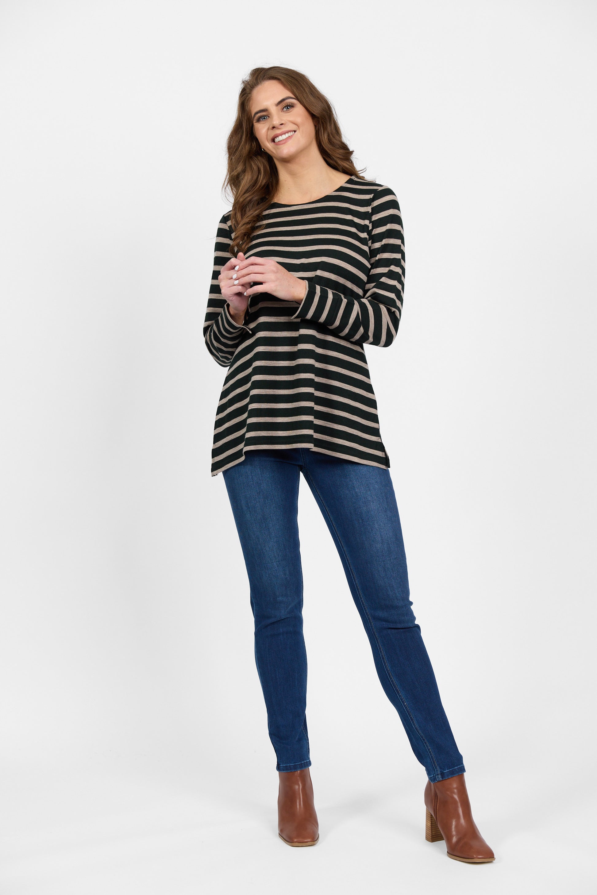 4464 Forest/Twig Stripe - 100% Merino Long Sleeve Swing Top - Vassalli