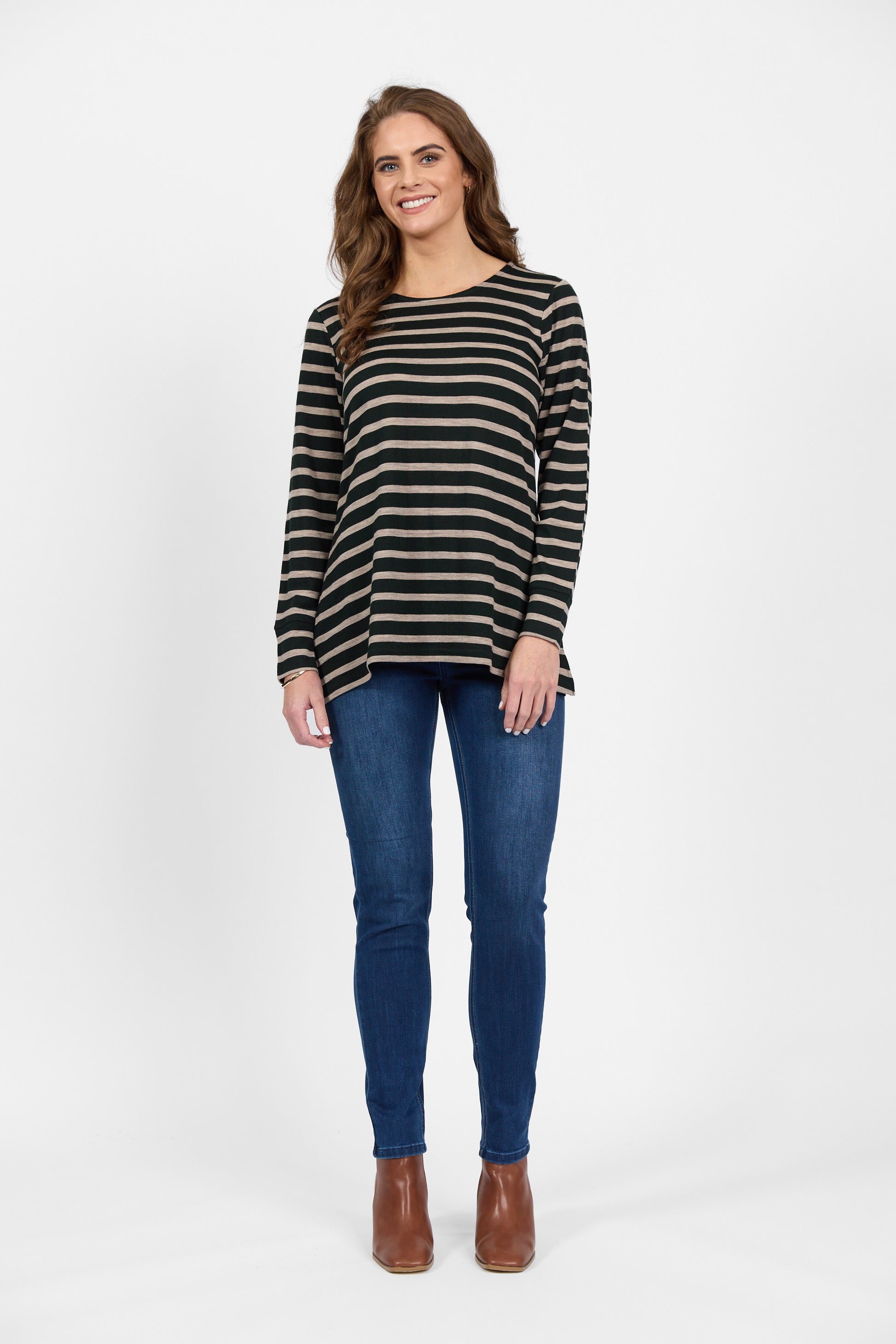 4464 Forest/Twig Stripe - 100% Merino Long Sleeve Swing Top - Vassalli