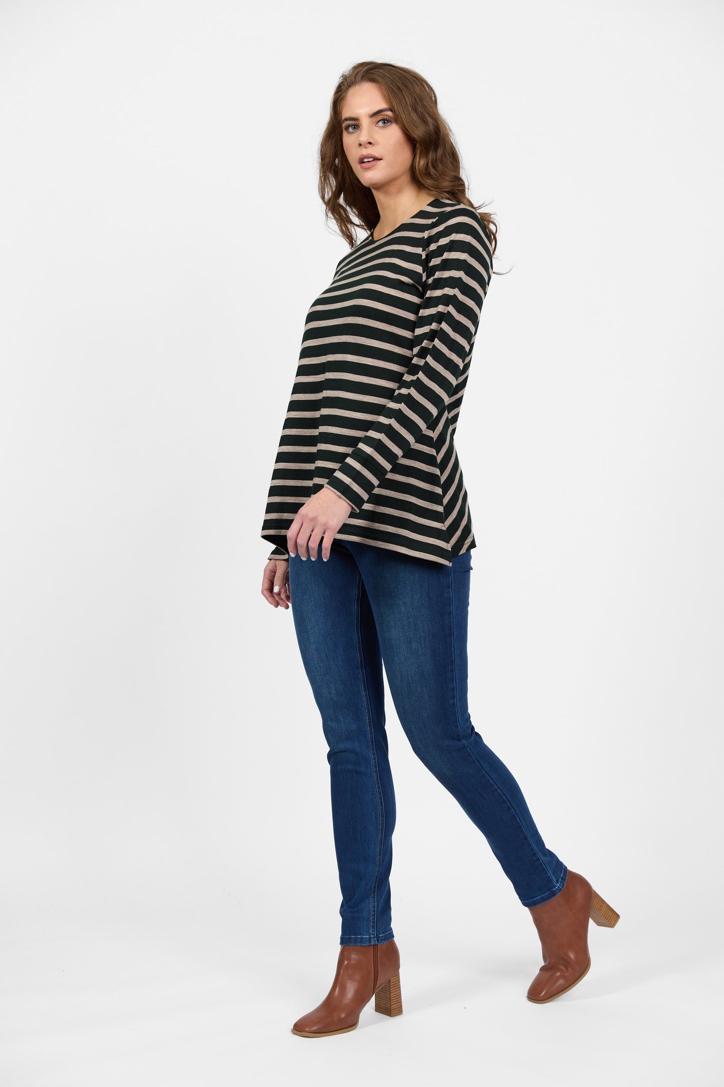 4464 Forest/Twig Stripe - 100% Merino Long Sleeve Swing Top - Vassalli