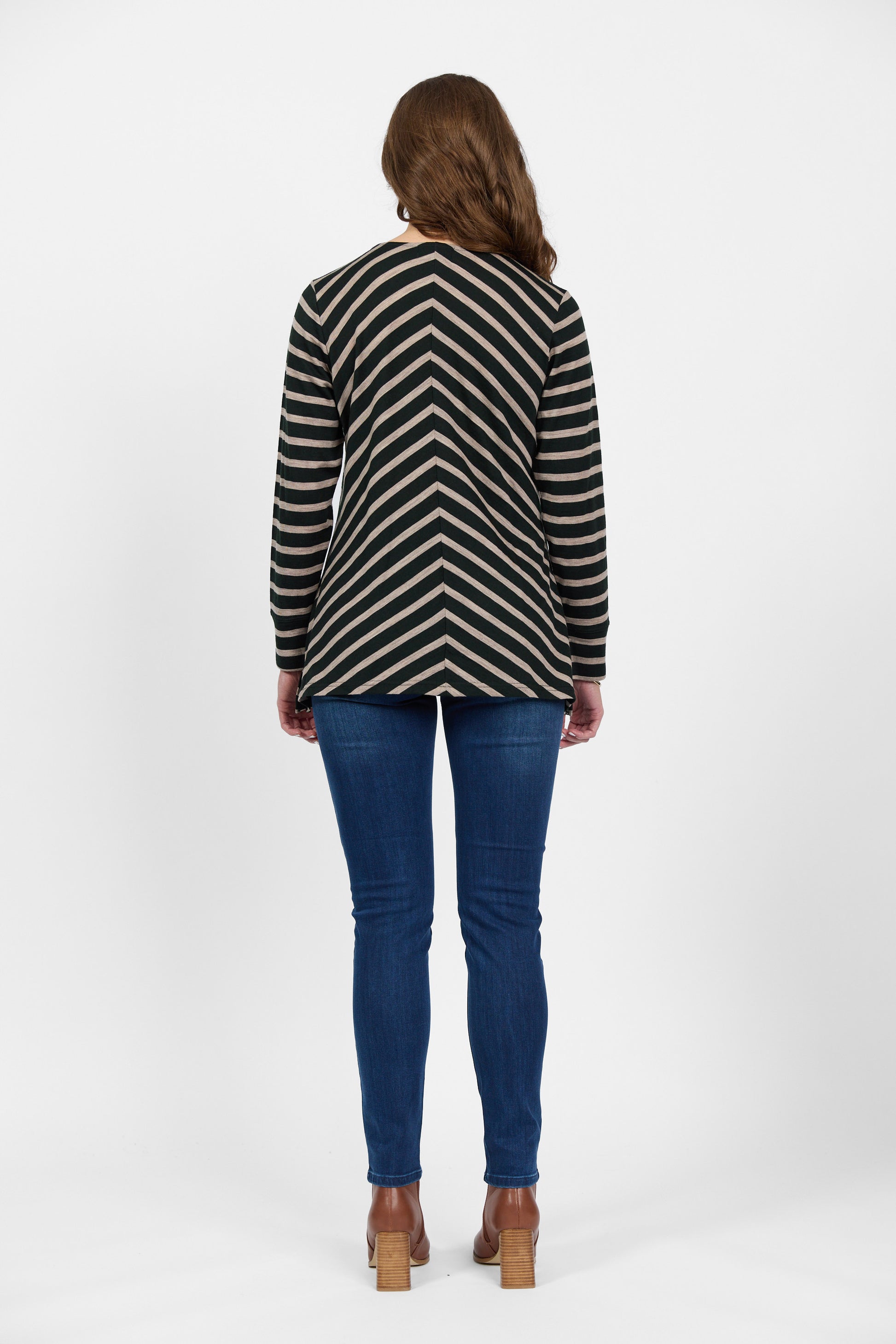 4464 Forest/Twig Stripe - 100% Merino Long Sleeve Swing Top - Vassalli