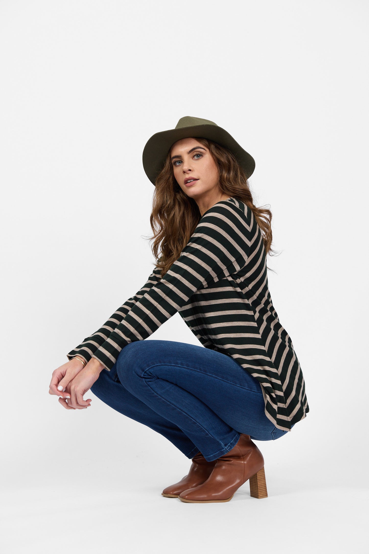 4464 Forest/Twig Stripe - 100% Merino Long Sleeve Swing Top - Vassalli