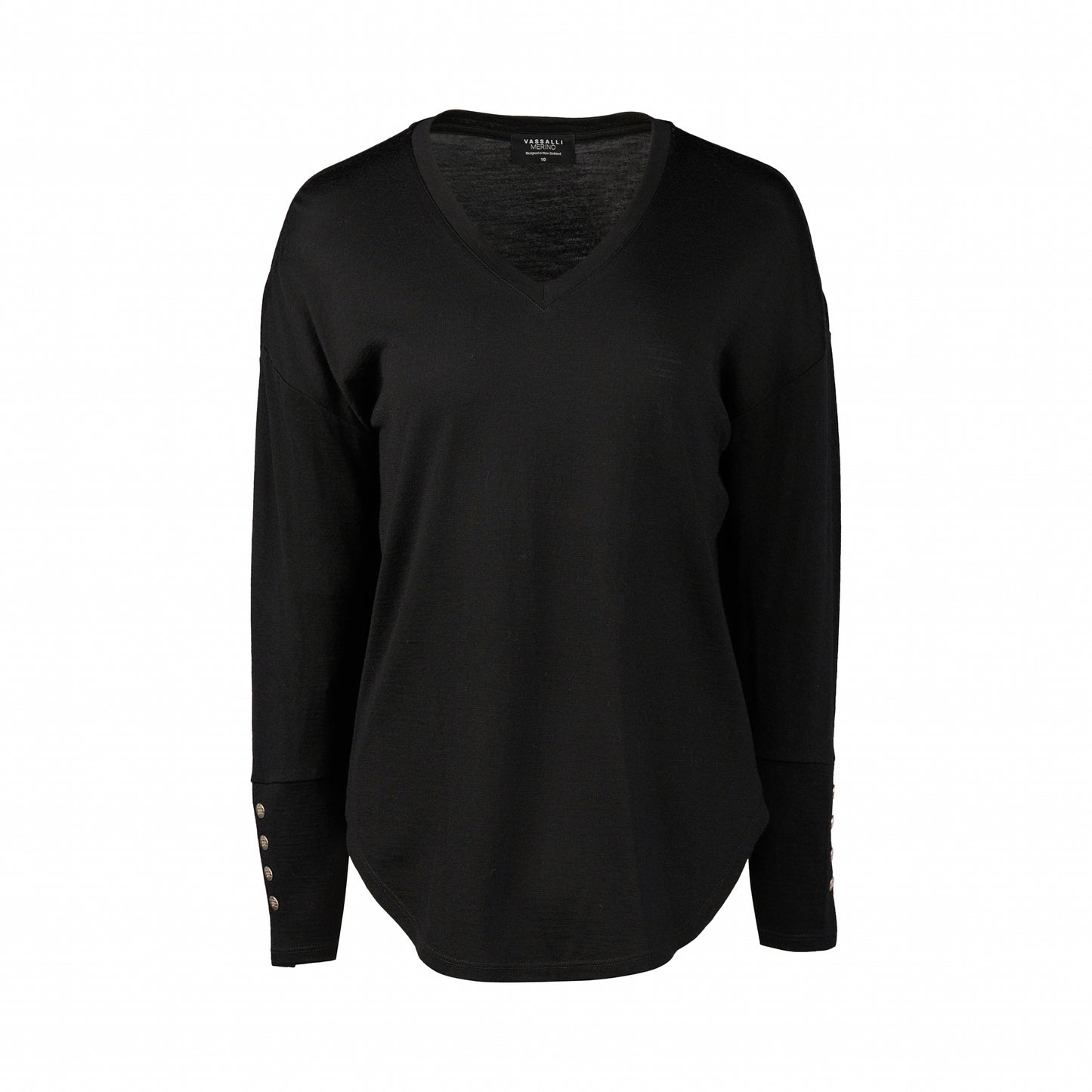 4465 Black - 100% Merino V Neck Top with Button Cuff Detail - Vassalli