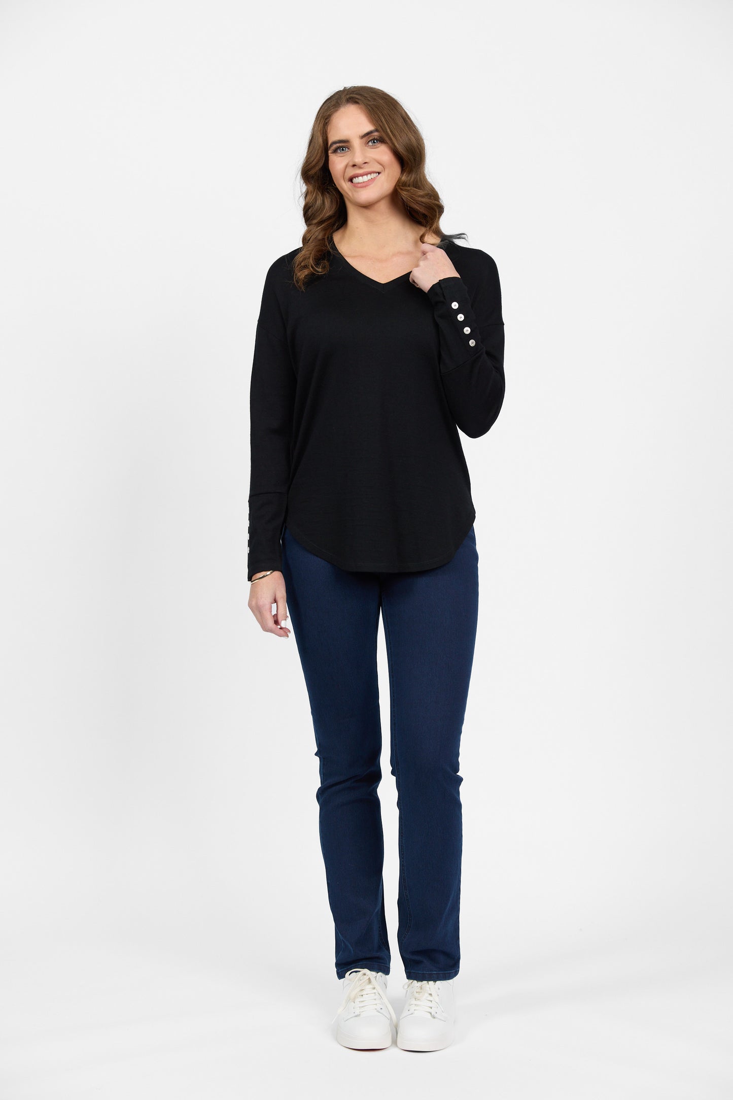 4465 Black - 100% Merino V Neck Top with Button Cuff Detail - Vassalli