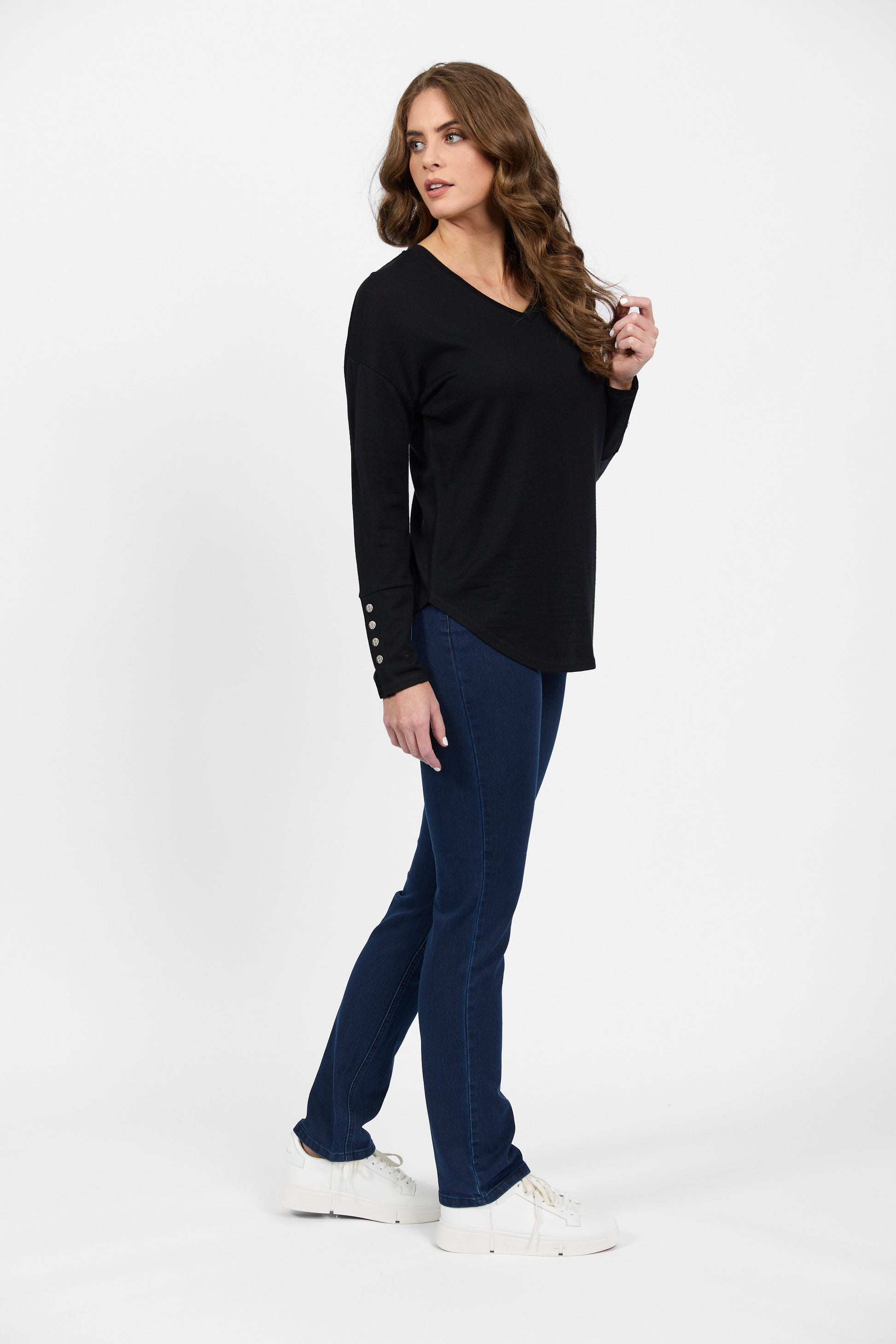 4465 Black - 100% Merino V Neck Top with Button Cuff Detail - Vassalli