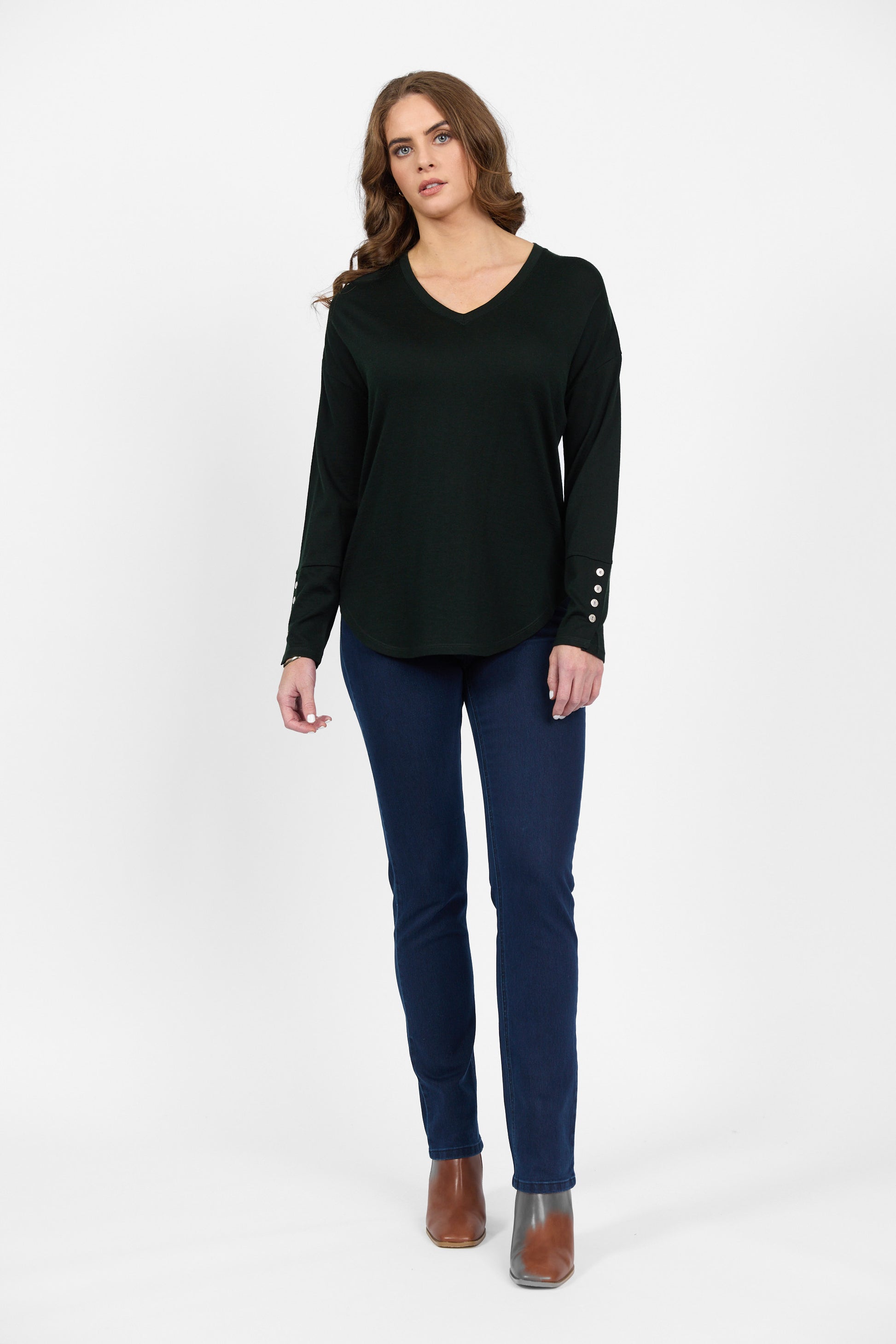 4465 Forest - 100% Merino V Neck Top with Button Cuff Detail - Vassalli