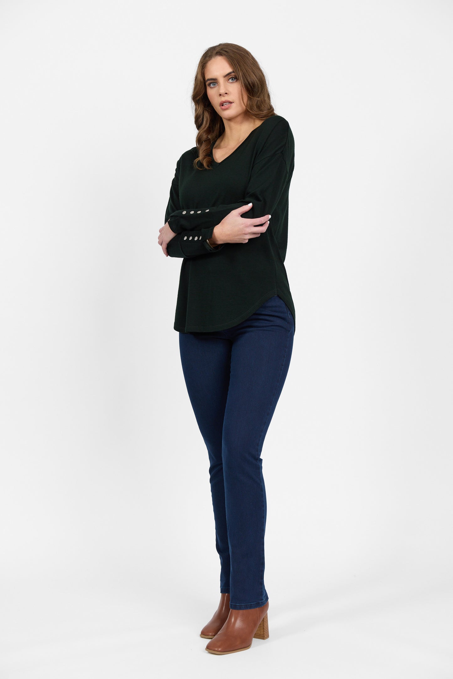 4465 Forest - 100% Merino V Neck Top with Button Cuff Detail - Vassalli