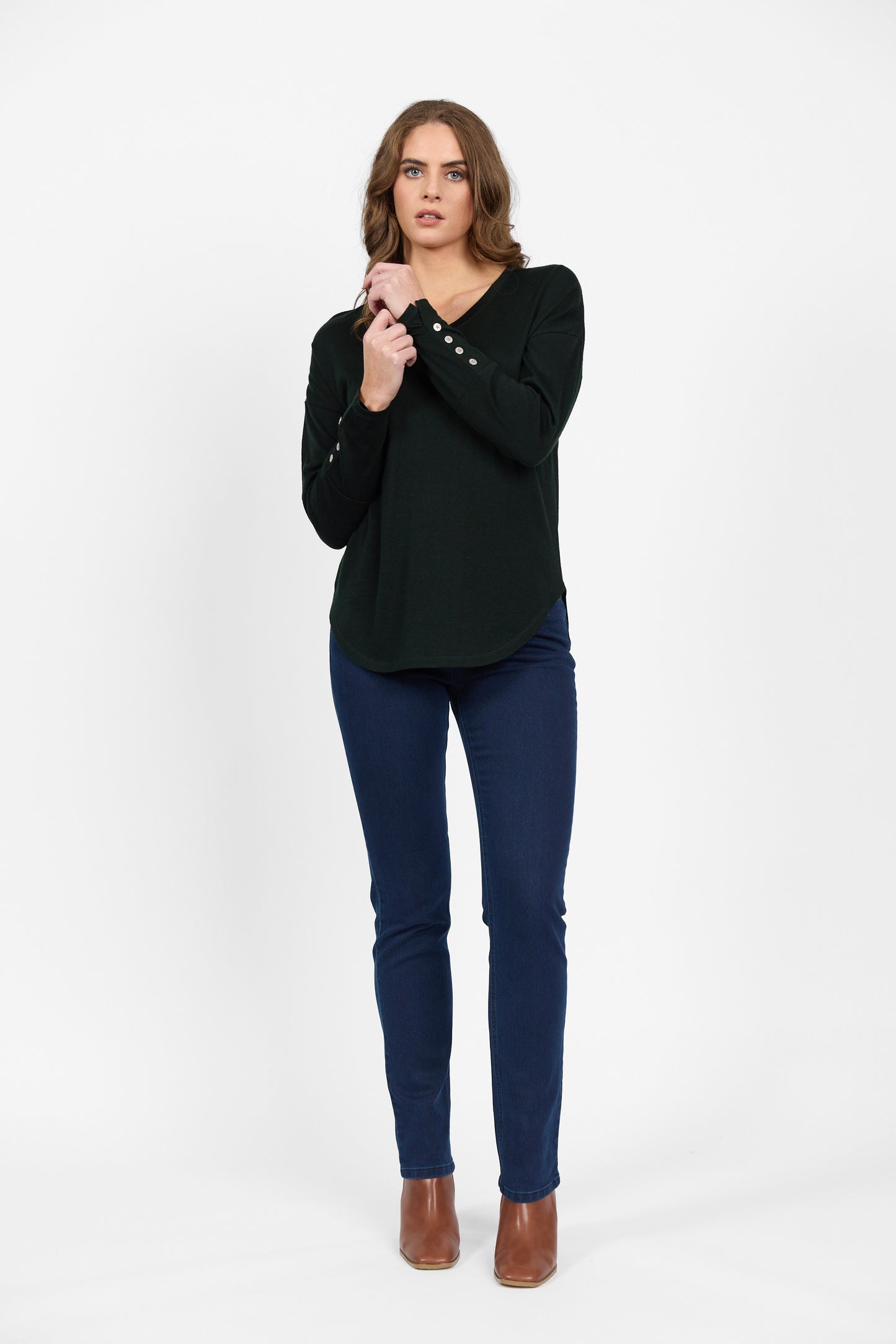 4465 Forest - 100% Merino V Neck Top with Button Cuff Detail - Vassalli