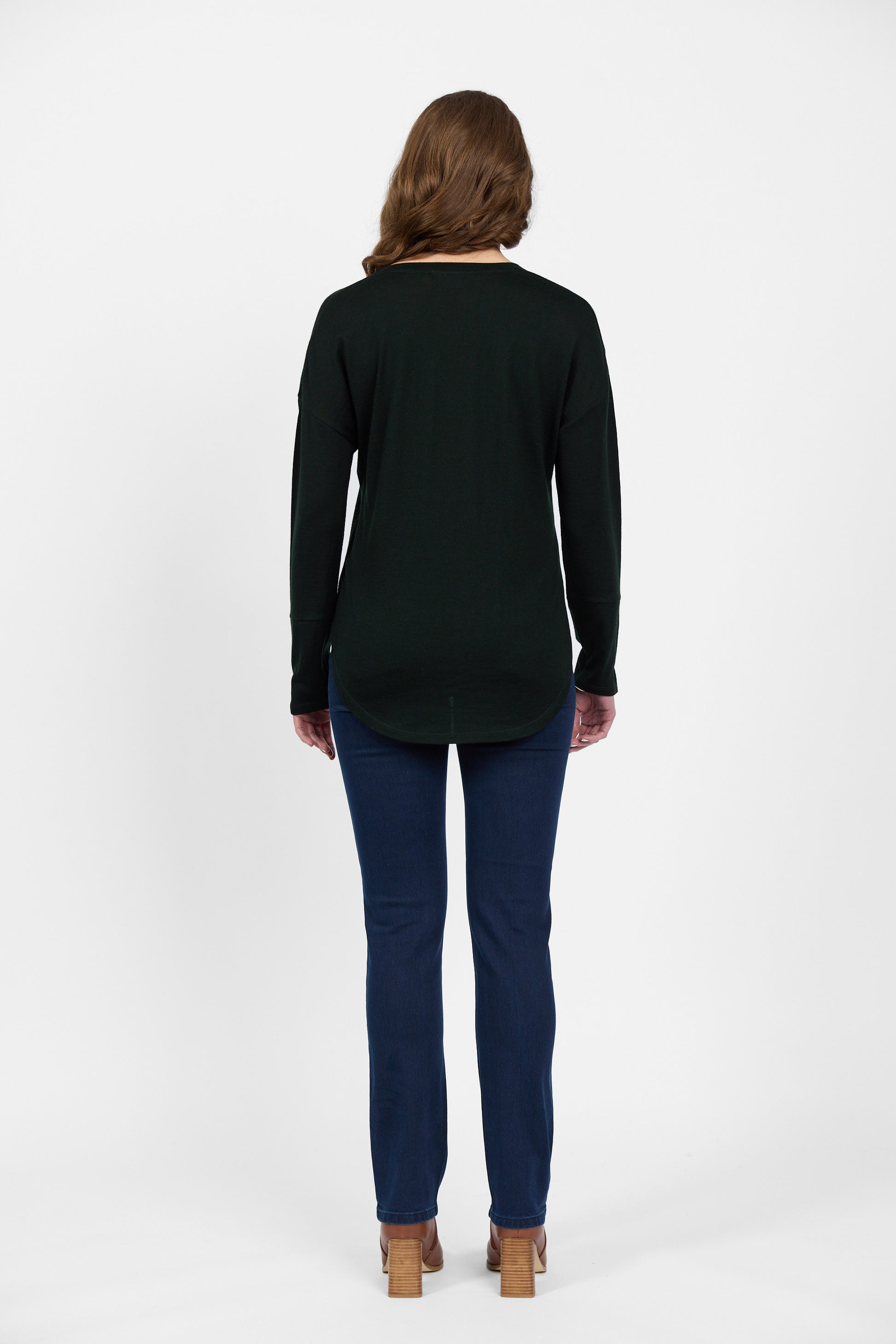 4465 Forest - 100% Merino V Neck Top with Button Cuff Detail - Vassalli