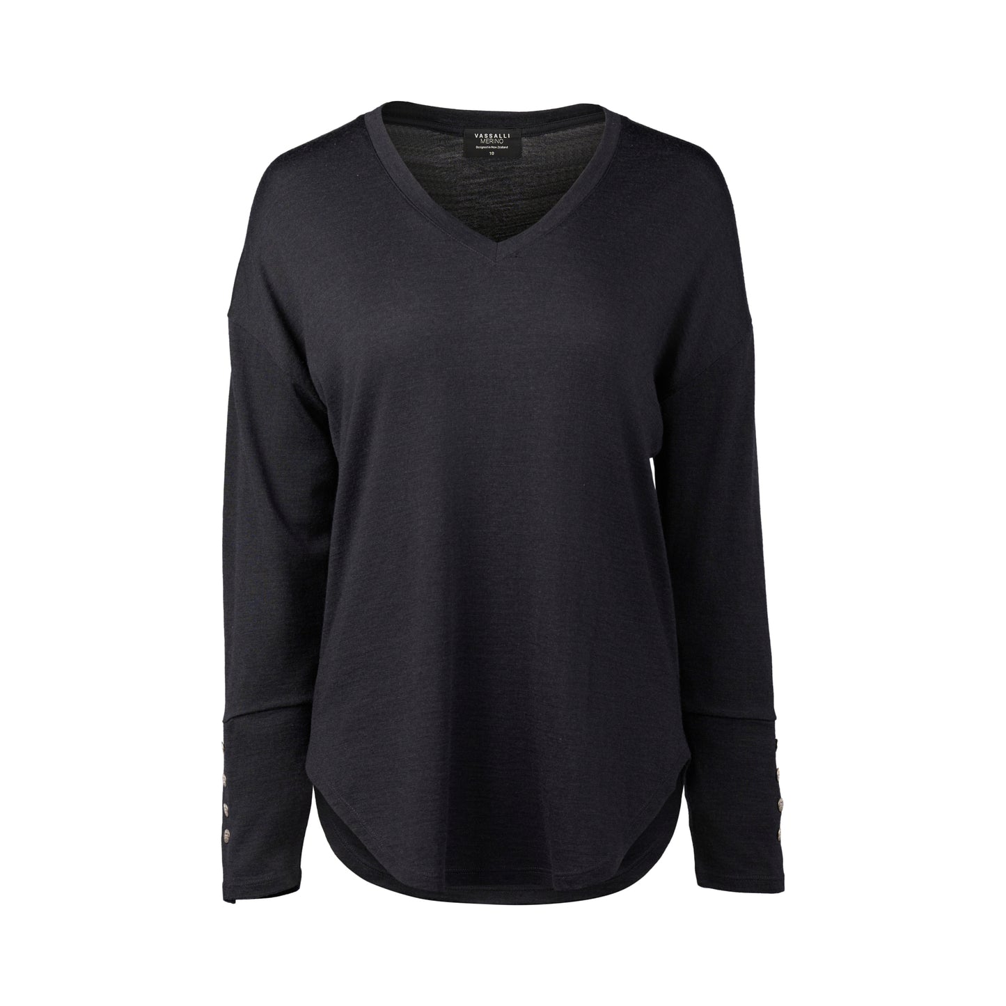 4465 Midnight - 100% Merino V Neck Top with Button Cuff Detail - Vassalli