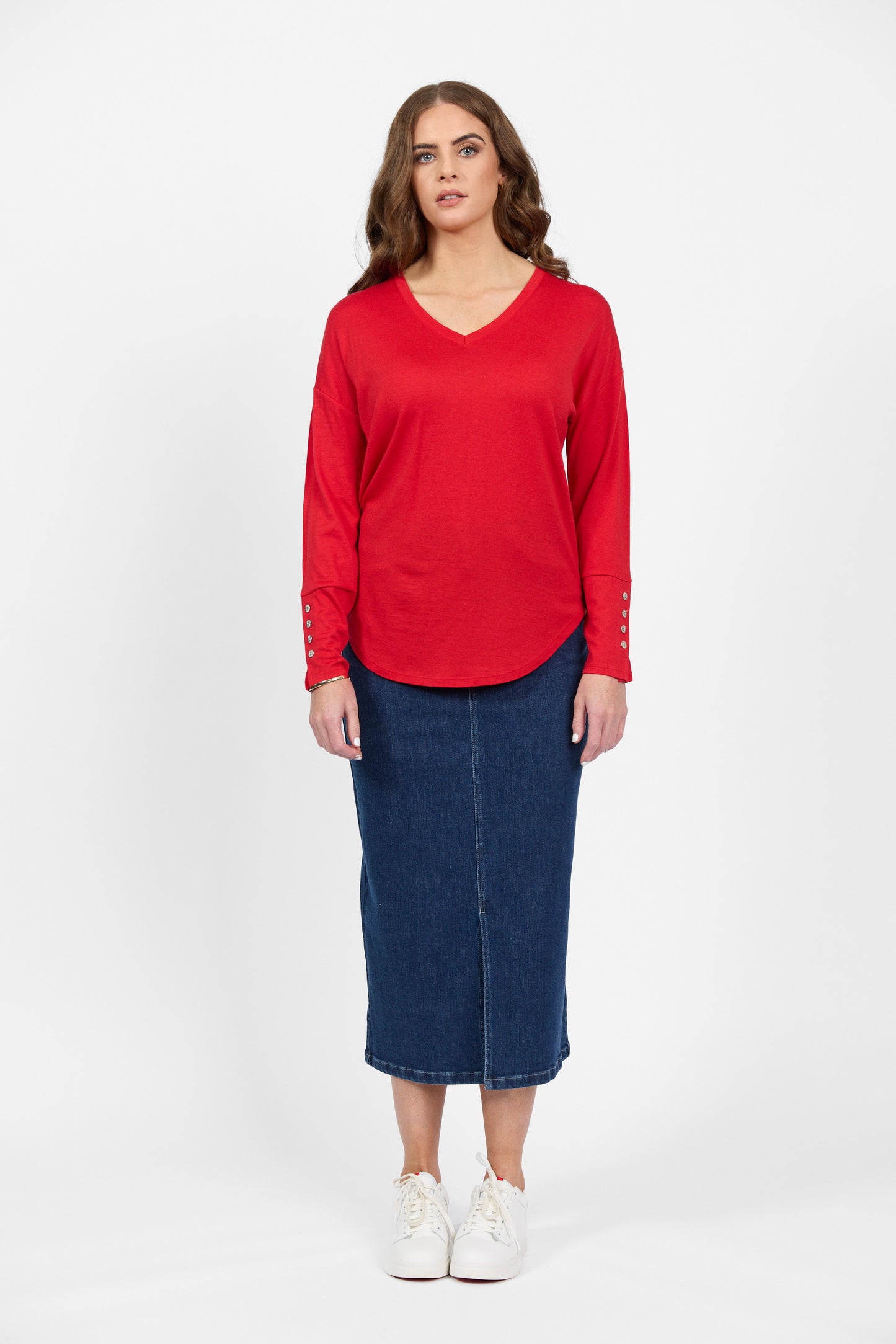 4465 Scarlet - 100% Merino V Neck Top with Button Cuff Detail - Vassalli