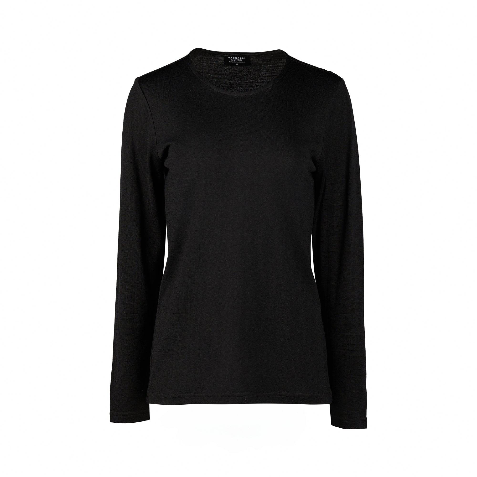 4467 Black - 100% Merino Basic Long Sleeve Crew Neck Top - Vassalli