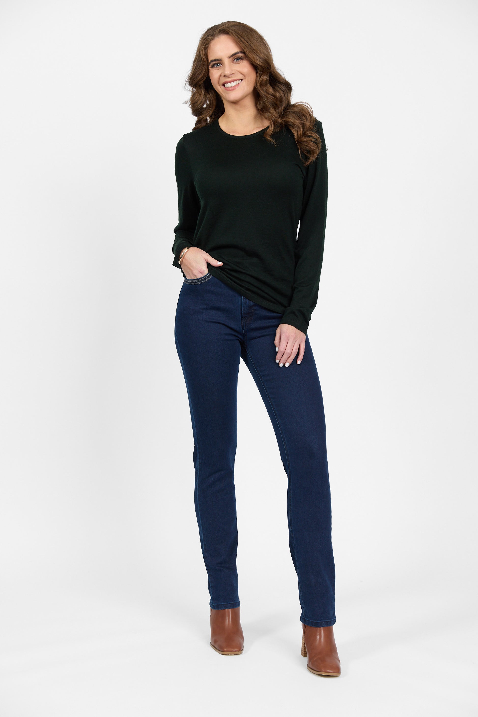 4467 Forest - 100% Merino Basic Long Sleeve Crew Neck Top - Vassalli