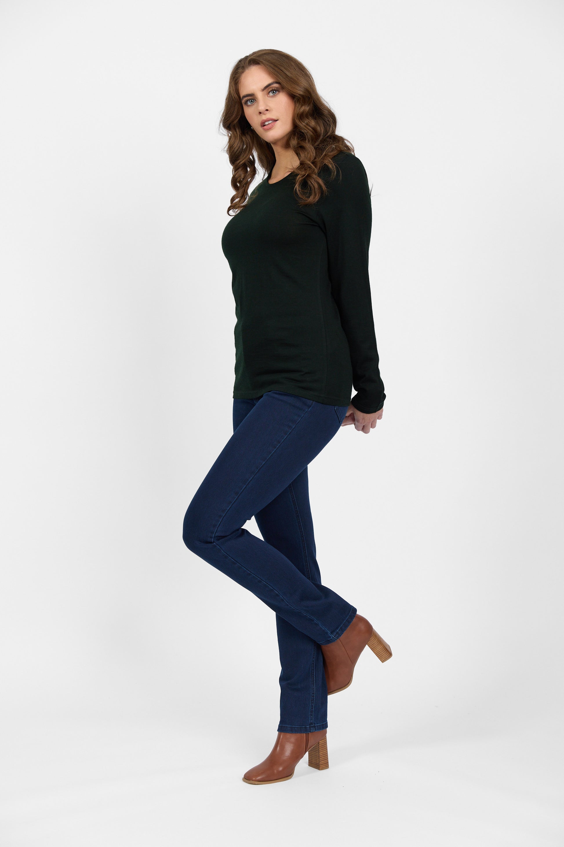 4467 Forest - 100% Merino Basic Long Sleeve Crew Neck Top - Vassalli