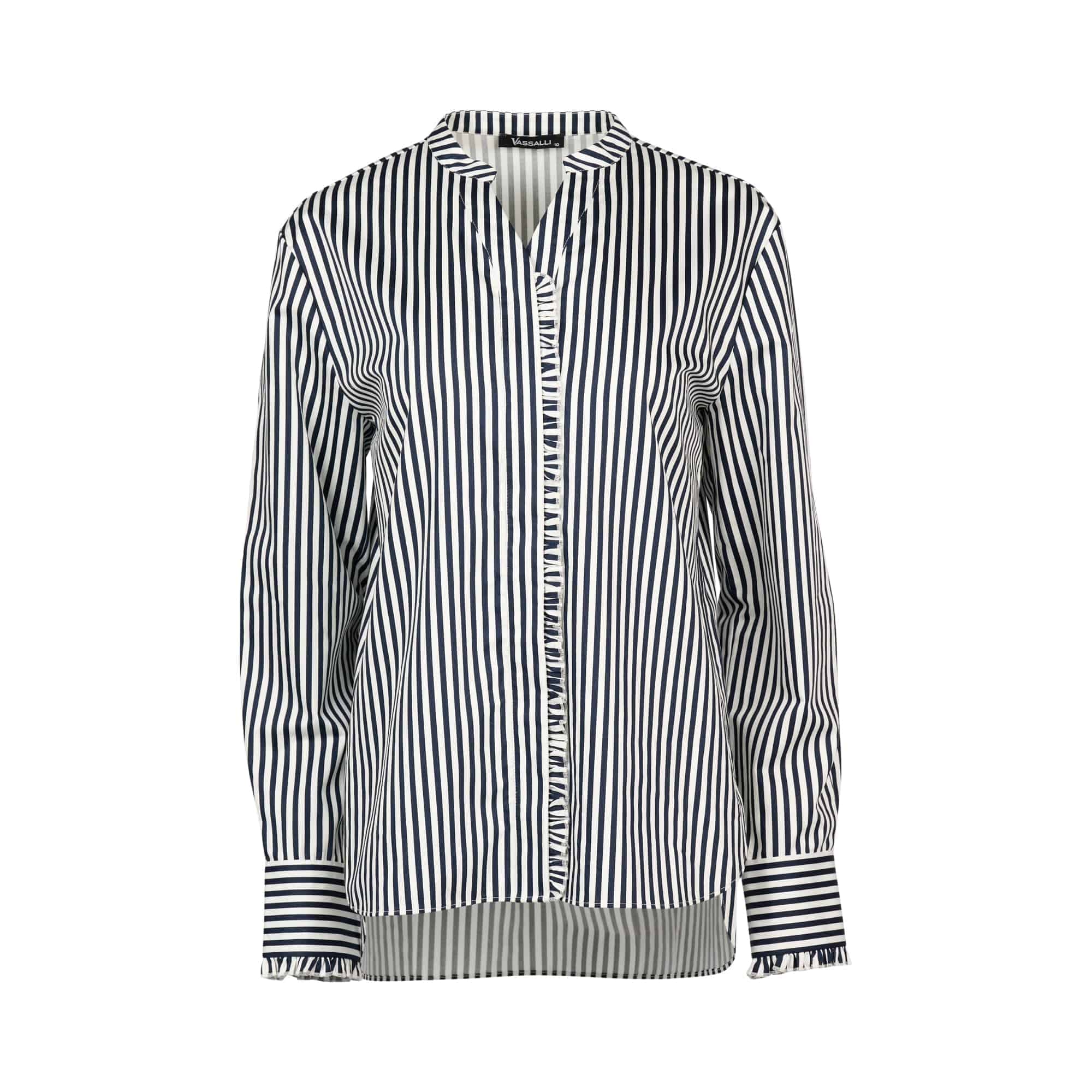 The Vassalli Manhattan Shirt - Ink/White features black and white vertical stripes, a collared neckline with subtle frill details, cuffs, relaxed fit, and a slightly longer back hem for added style.