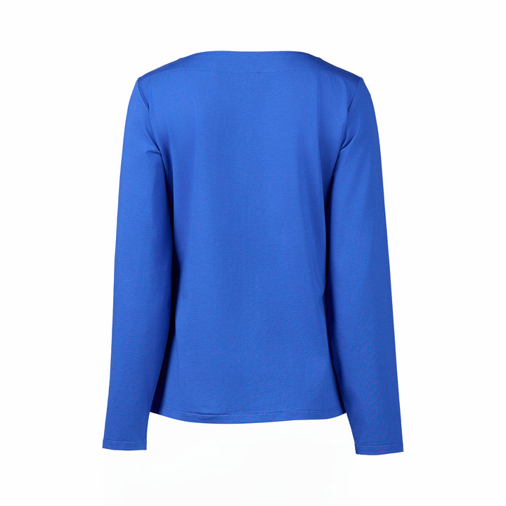 The Vassalli Boat Neck Top in Electric Blue is a slim-fit, long-sleeved style shown from the back on a white background, crafted from soft stretch cotton jersey for comfort and style.