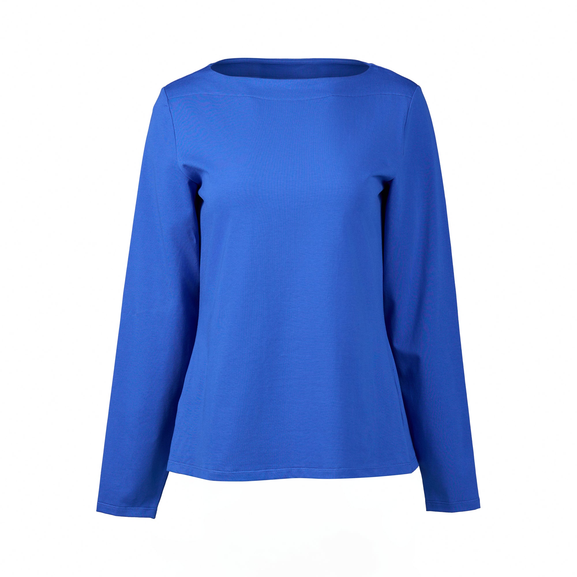 The Vassalli Boat Neck Top in electric blue is a slim fit, long-sleeved stretch cotton jersey shirt, shown on a white background.