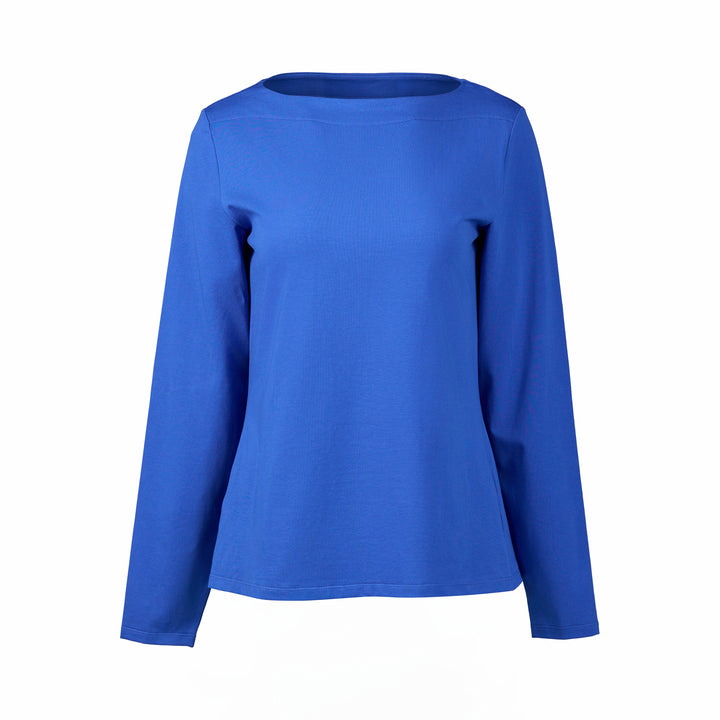 The Vassalli Boat Neck Top in electric blue is a slim fit, long-sleeved stretch cotton jersey shirt, shown on a white background.