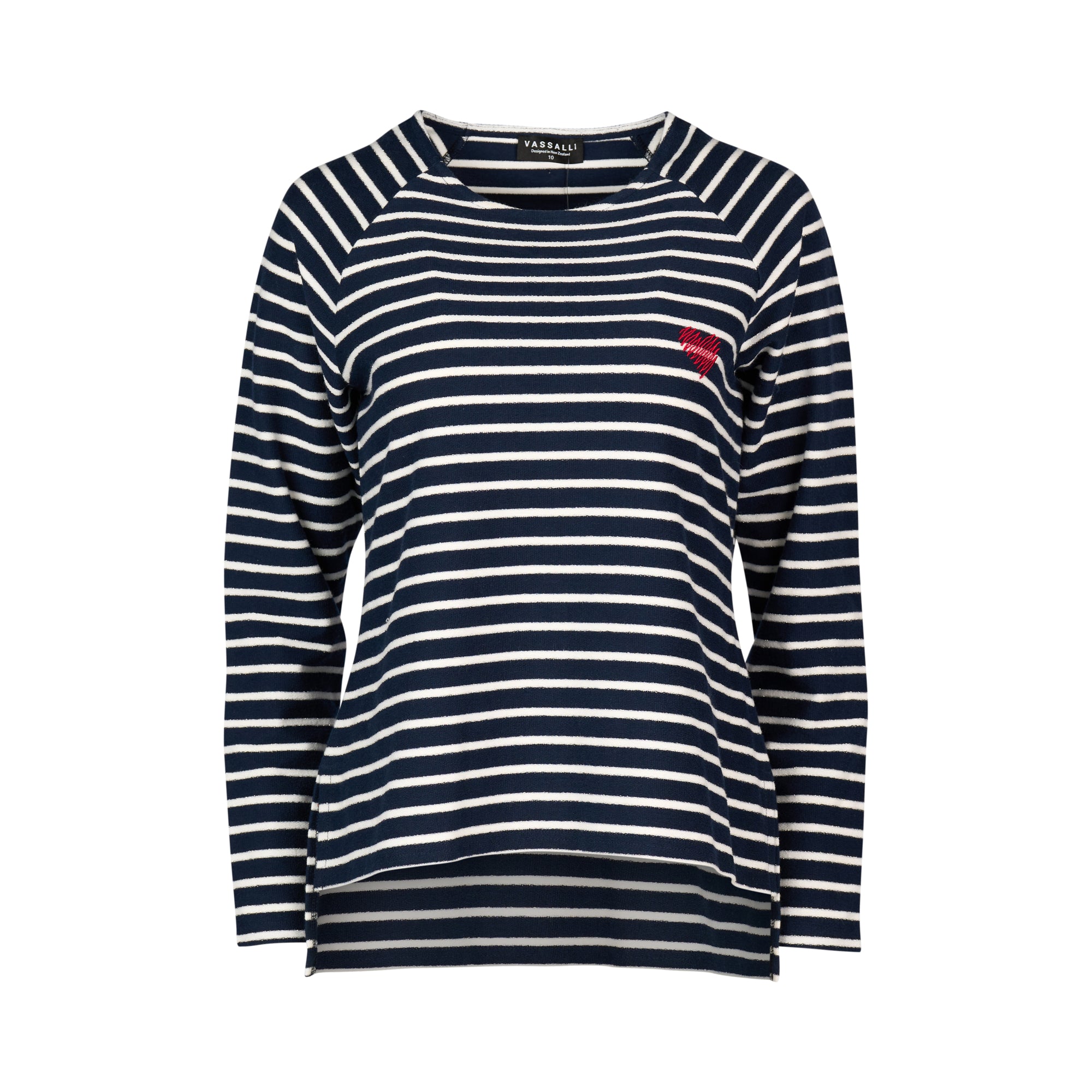 4474 Foil Stripe - Round Neck Long Sleeve Button Back Top with Heart Emb - Vassalli