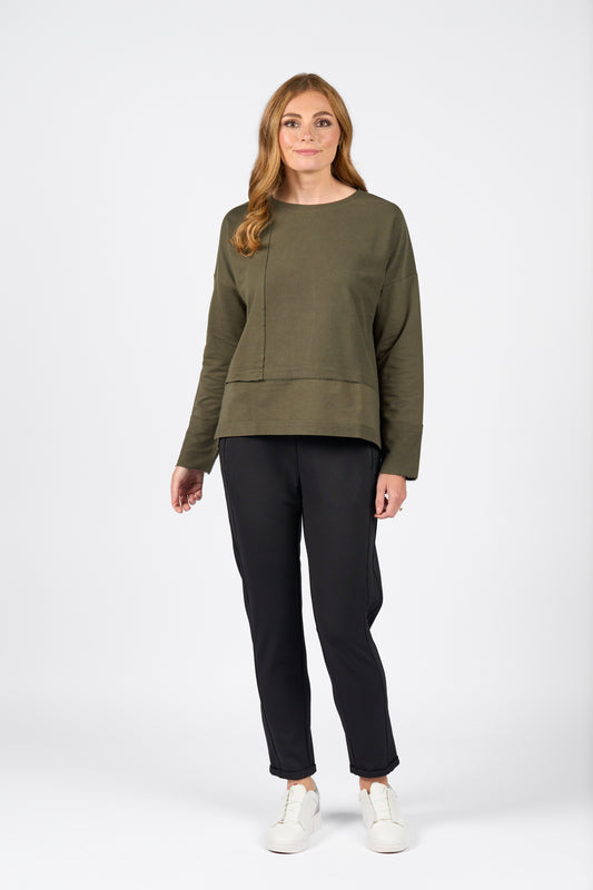 4476 Olive - Long Sleeve Top with Reverse Detail - Vassalli