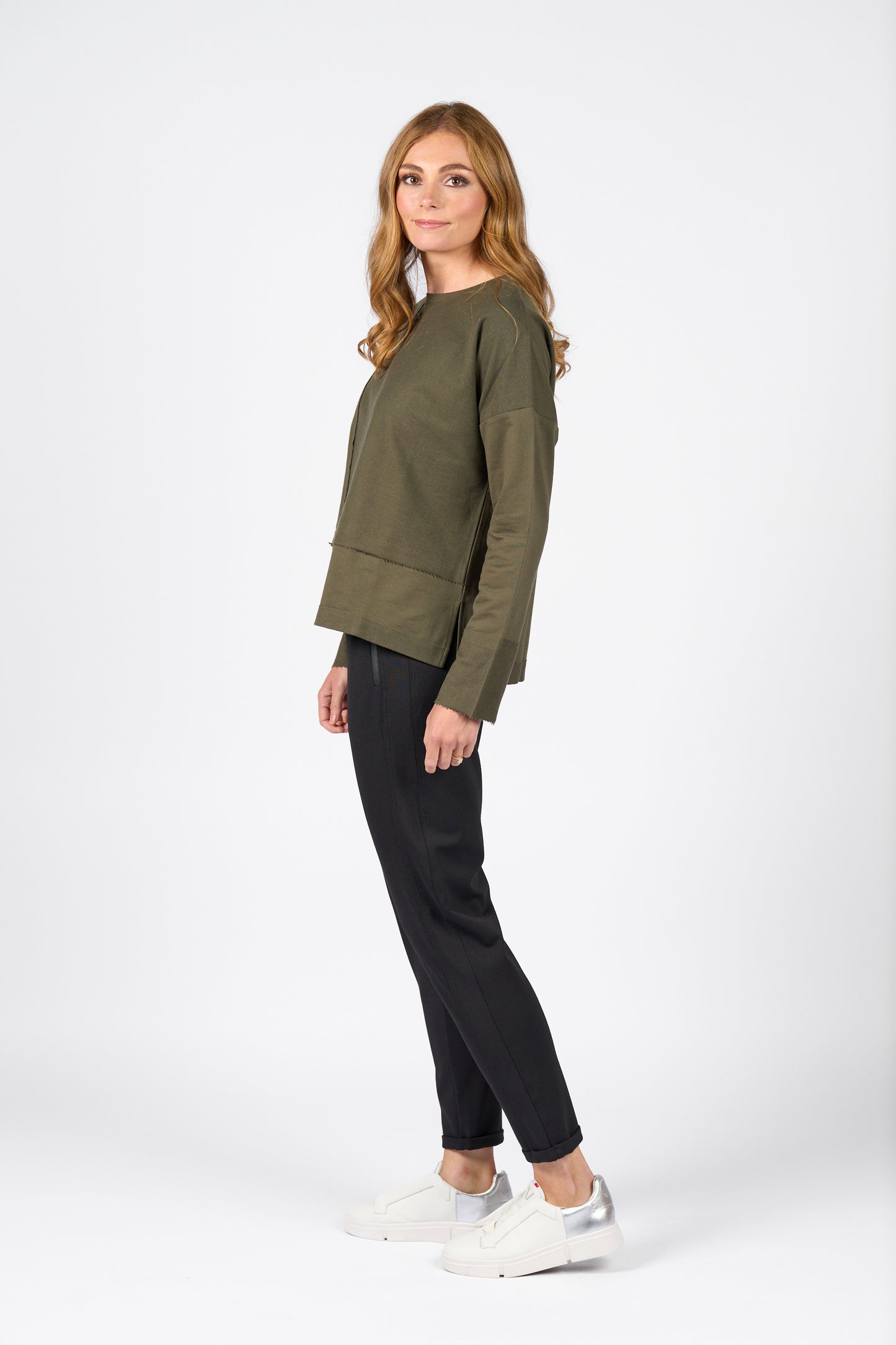 4476 Olive - Long Sleeve Top with Reverse Detail - Vassalli