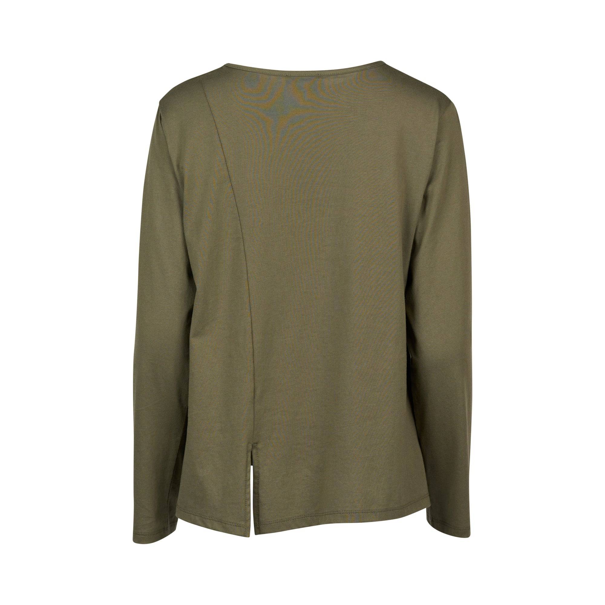 The Vassalli Swing Top - Sage is a relaxed-fit, olive green cotton knit with long sleeves, a round neck, an asymmetric back seam, and a hem slit. Simple and casual, it’s perfect for everyday wear.