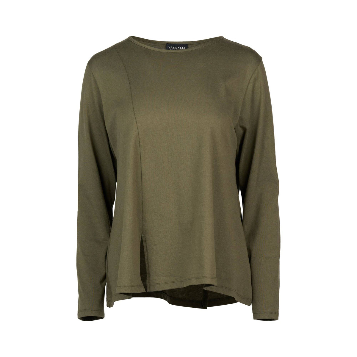 The Vassalli Swing Top in sage is a soft, lightweight knit cotton top with long sleeves, a round neckline, relaxed fit, and slight asymmetrical hem for a minimal modern look.