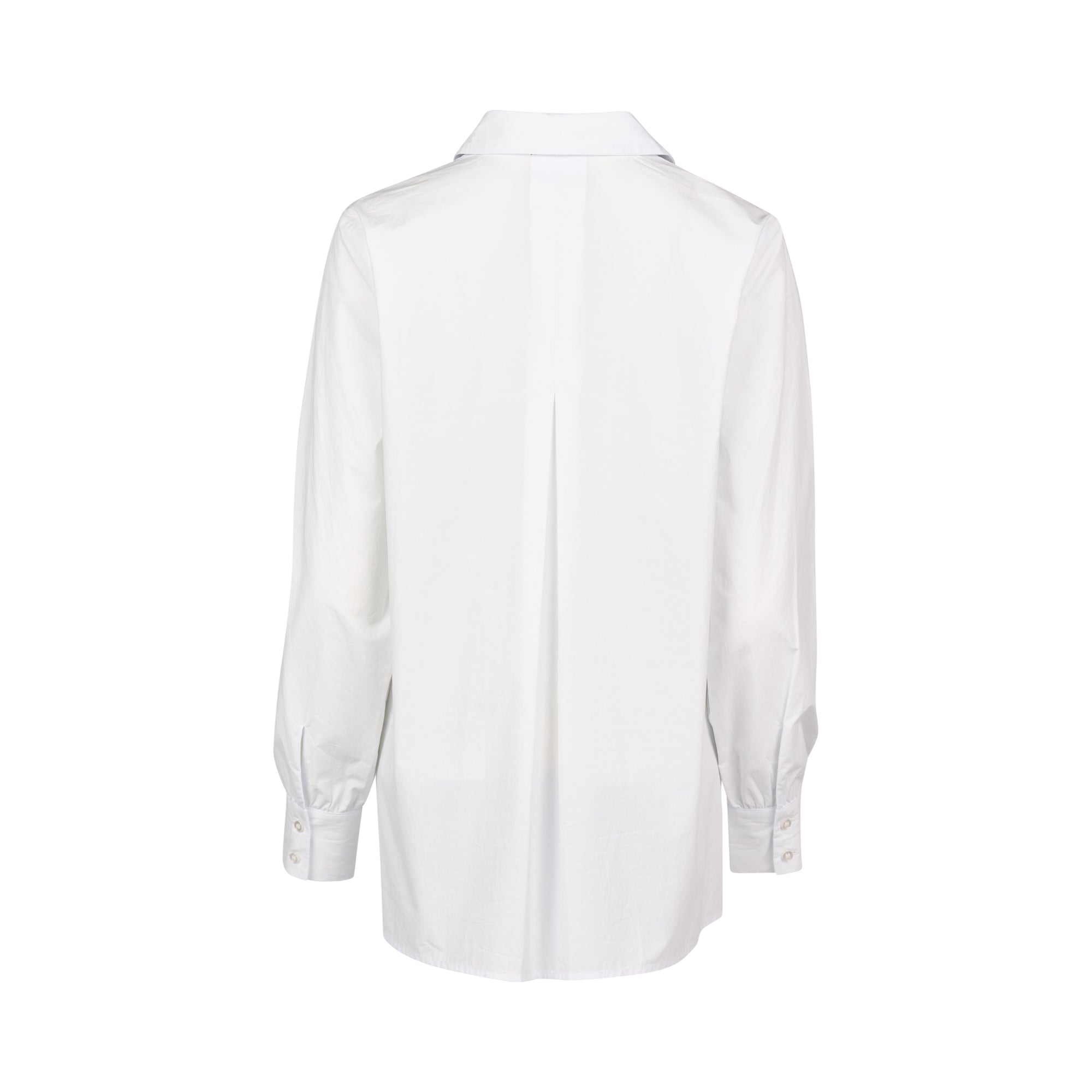 The Vassalli Half Placket Shirt in white is displayed from the back, highlighting its collar, buttoned cuffed sleeves, and straight hem. Designed in a relaxed fit inspired by the classic collared swing shirt, it stands out against a plain white background.