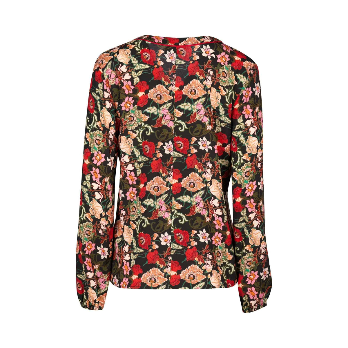The Vassalli V-Neck Top - Flamenco is a long-sleeved printed viscose top with a vibrant red, pink, green, and beige floral pattern on black, shown from the back against a white background.