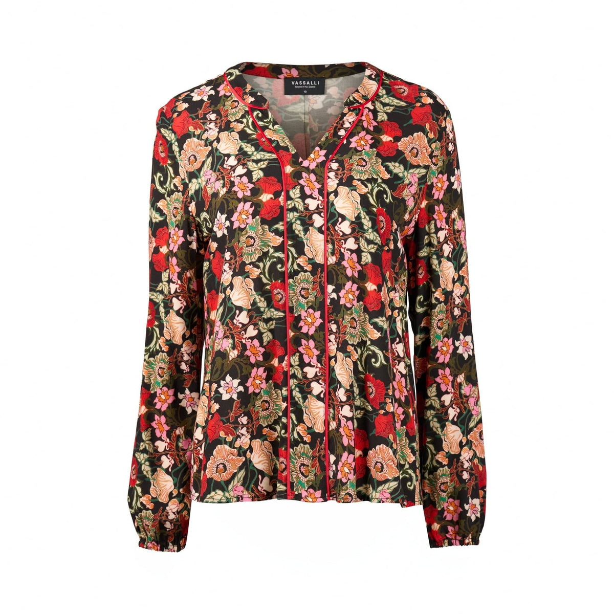 The Vassalli V-Neck Top - Flamenco is a women's long-sleeve top with a relaxed fit, button-down front, and vibrant floral print on black—perfect for effortless style and comfort.