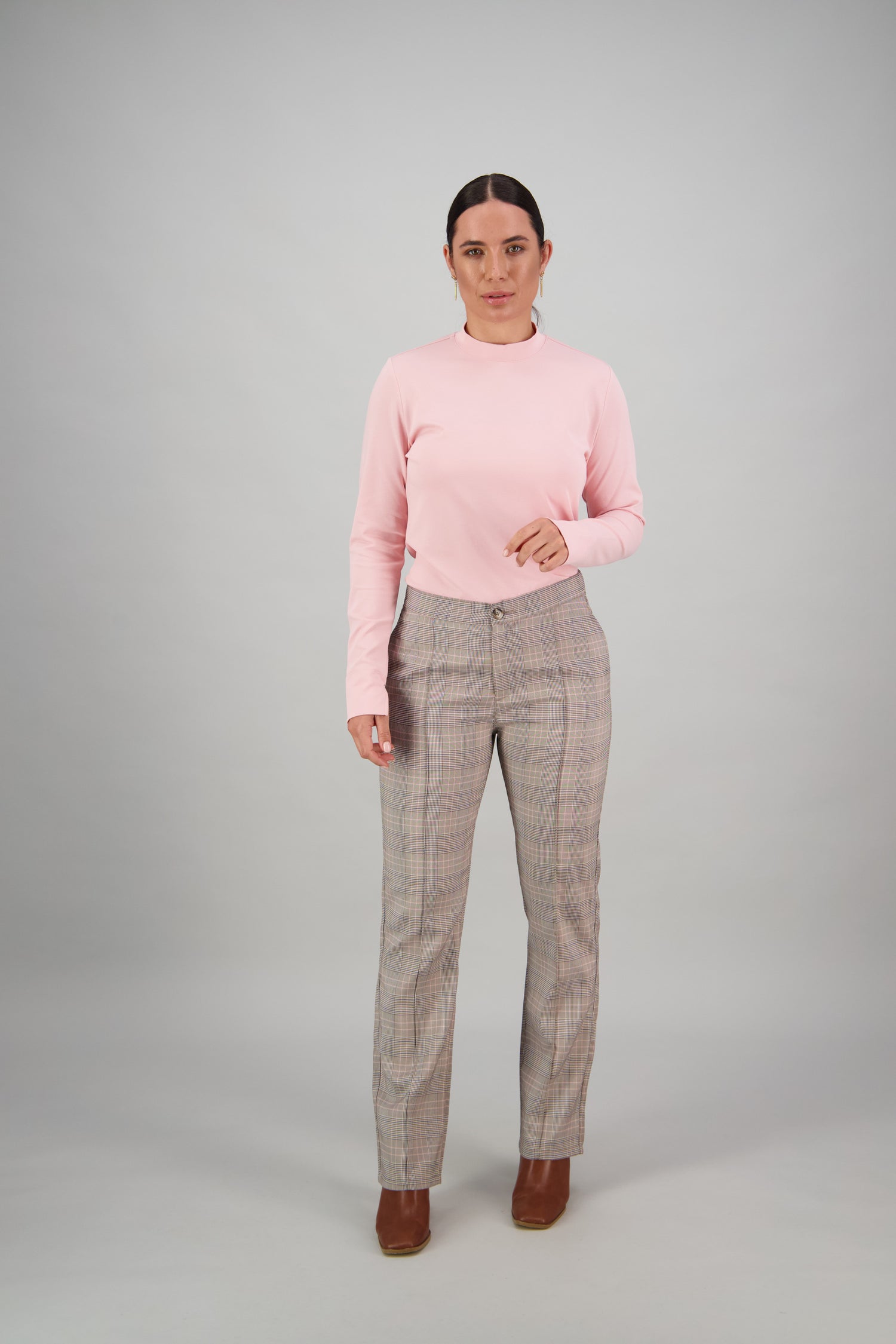 5008 Pink Check - Slim Leg Full Length Pant - Vassalli