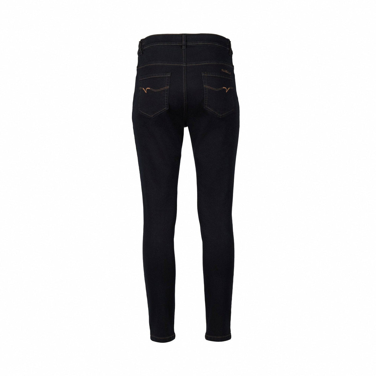 Back view of the Vassalli Mode Jean in Black Denim, featuring two back pockets and light brown stitching detail, crafted from stretch denim fabric, displayed on a plain white background.