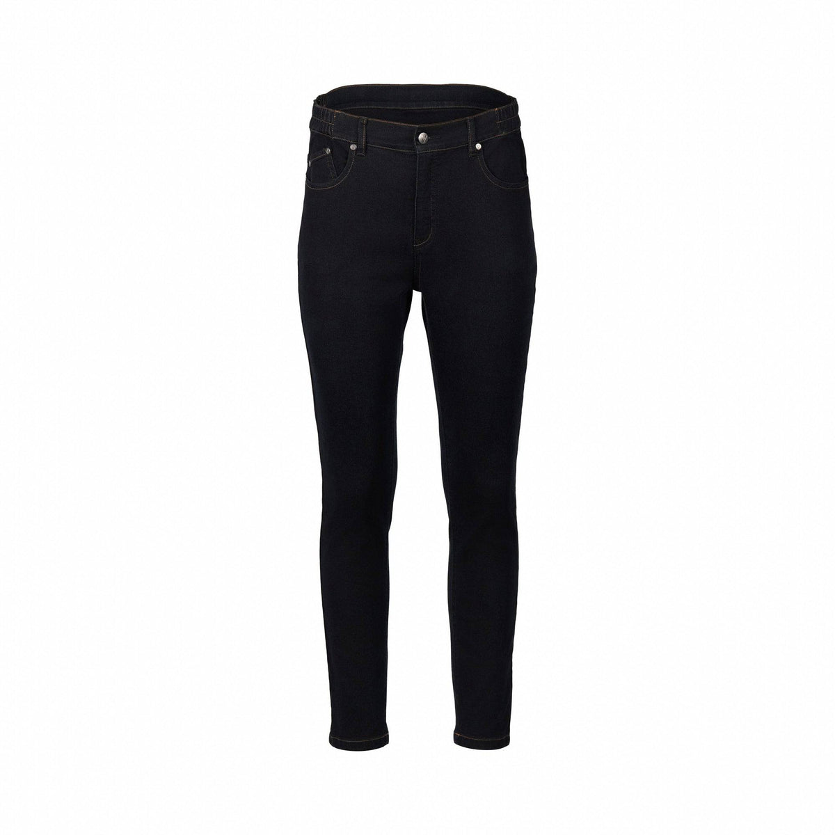 A pair of Vassalli Mode Jean - Black Denim skinny leg jeans, crafted from comfortable stretch fabric, featuring front and back pockets with a button and zipper closure, displayed on a white background.