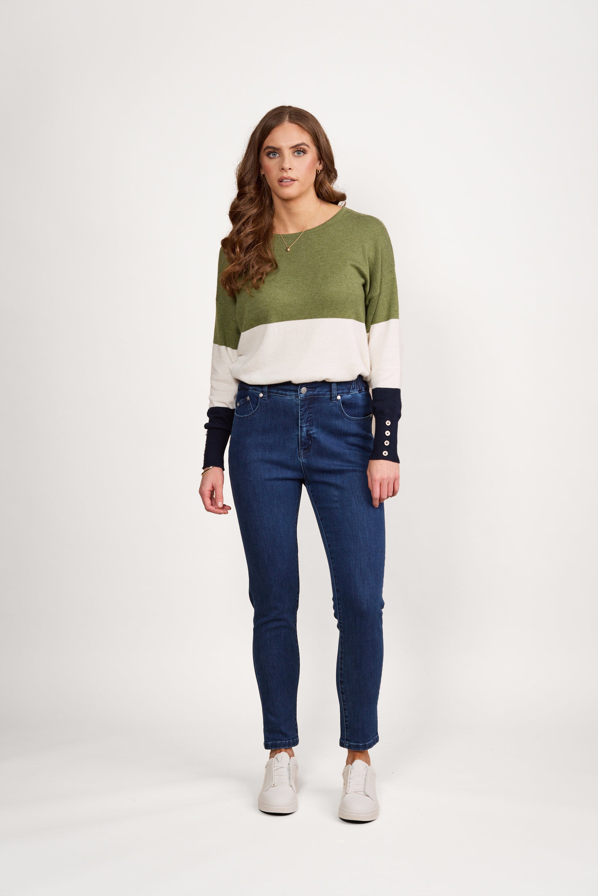 5009 Blue Denim - Skinny Leg Ankle Grazer Jean with Side Waistband Elastic - Vassalli