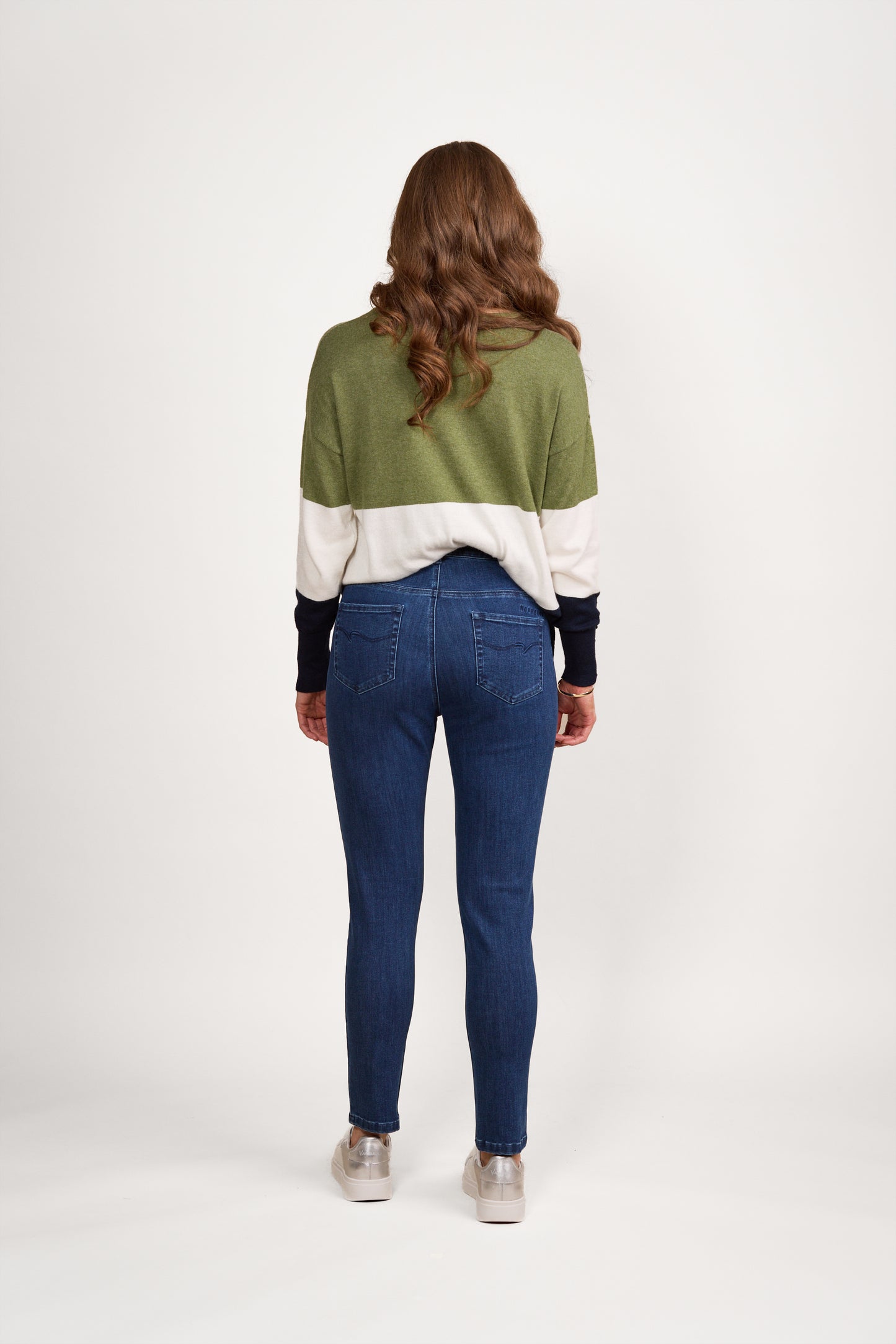 5009 Blue Denim - Skinny Leg Ankle Grazer Jean with Side Waistband Elastic - Vassalli