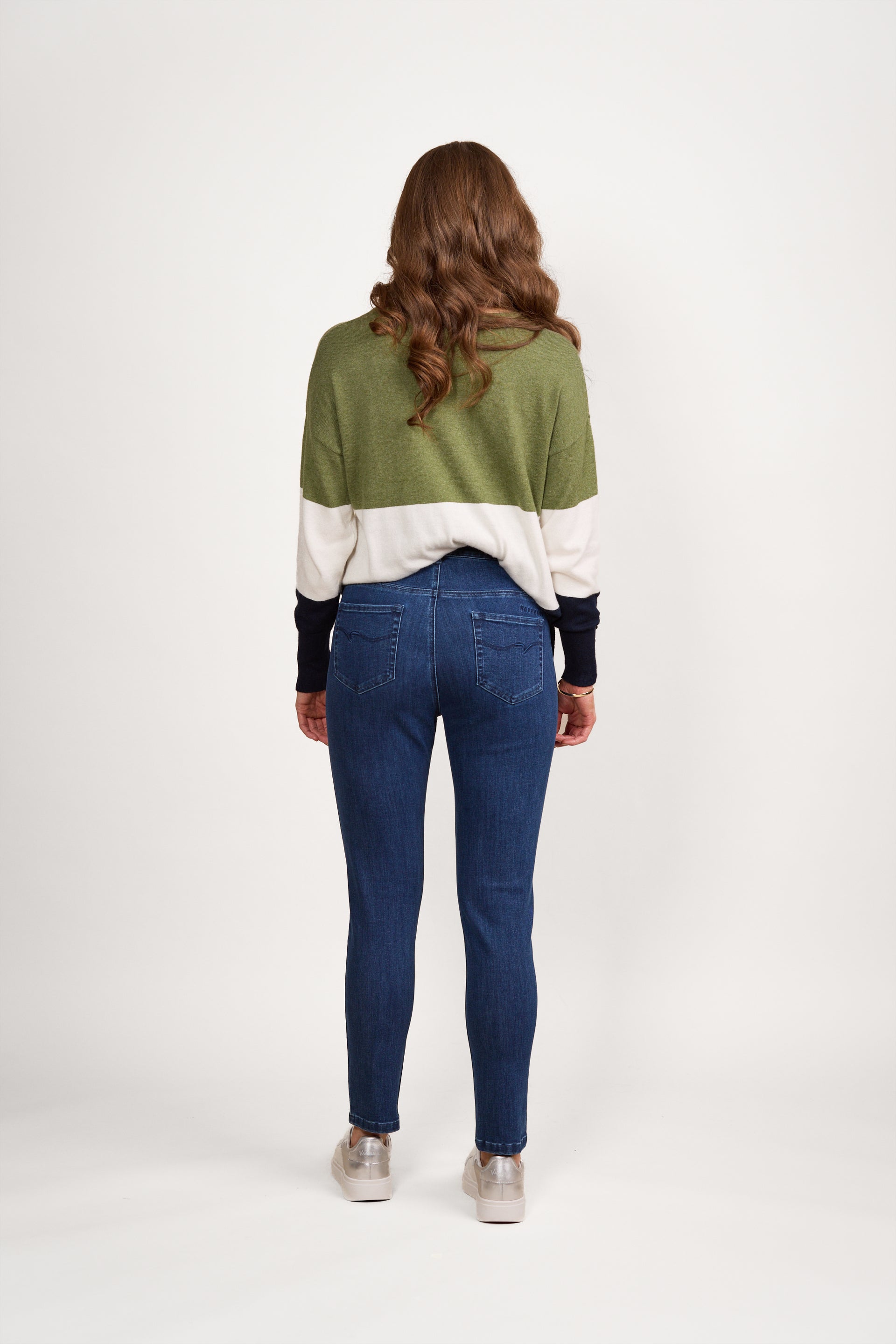 5009 Blue Denim - Skinny Leg Ankle Grazer Jean with Side Waistband Elastic - Vassalli