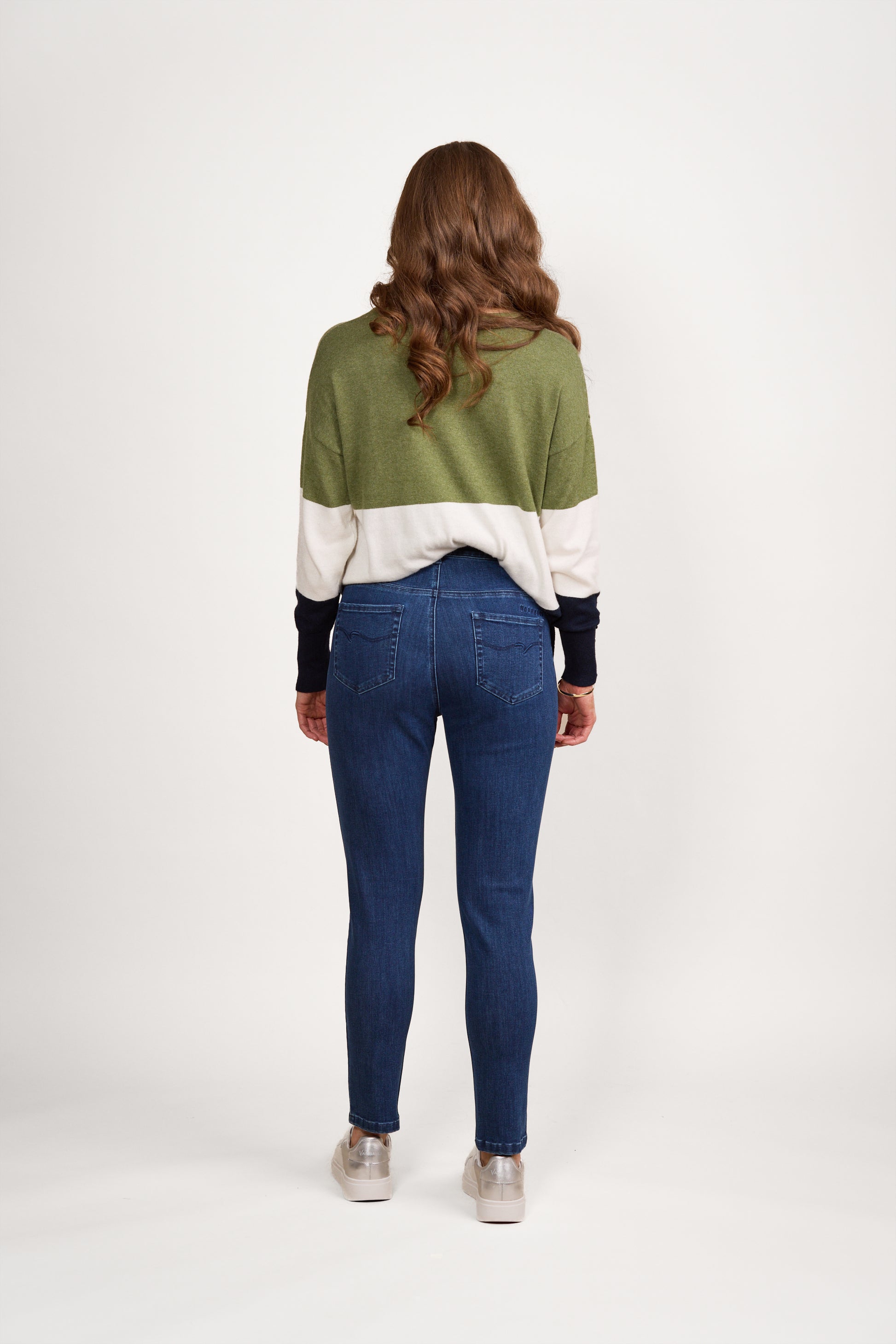 5009 Blue Denim - Skinny Leg Ankle Grazer Jean with Side Waistband Elastic - Vassalli
