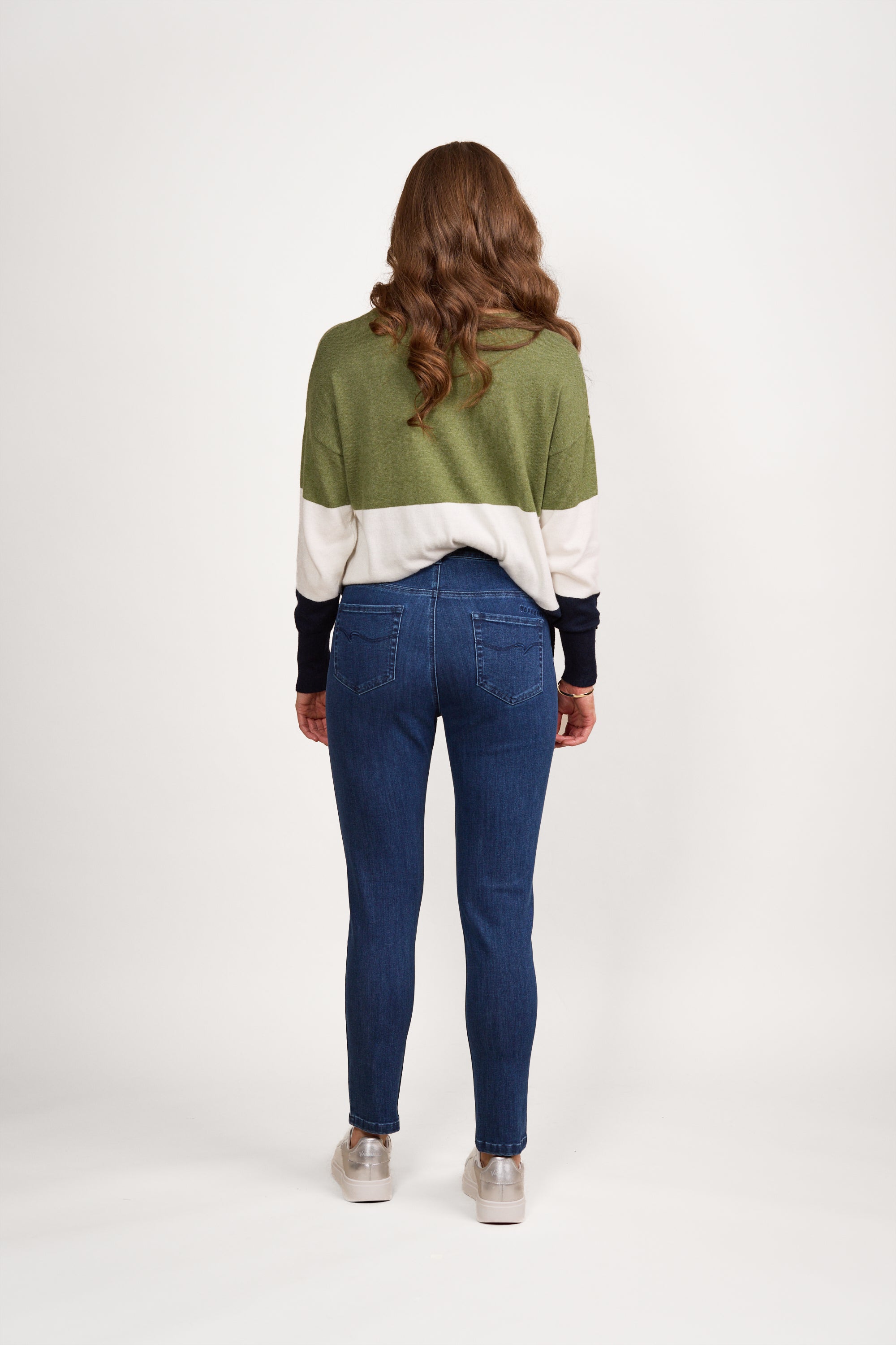 5009 Blue Denim - Skinny Leg Ankle Grazer Jean with Side Waistband Elastic - Vassalli