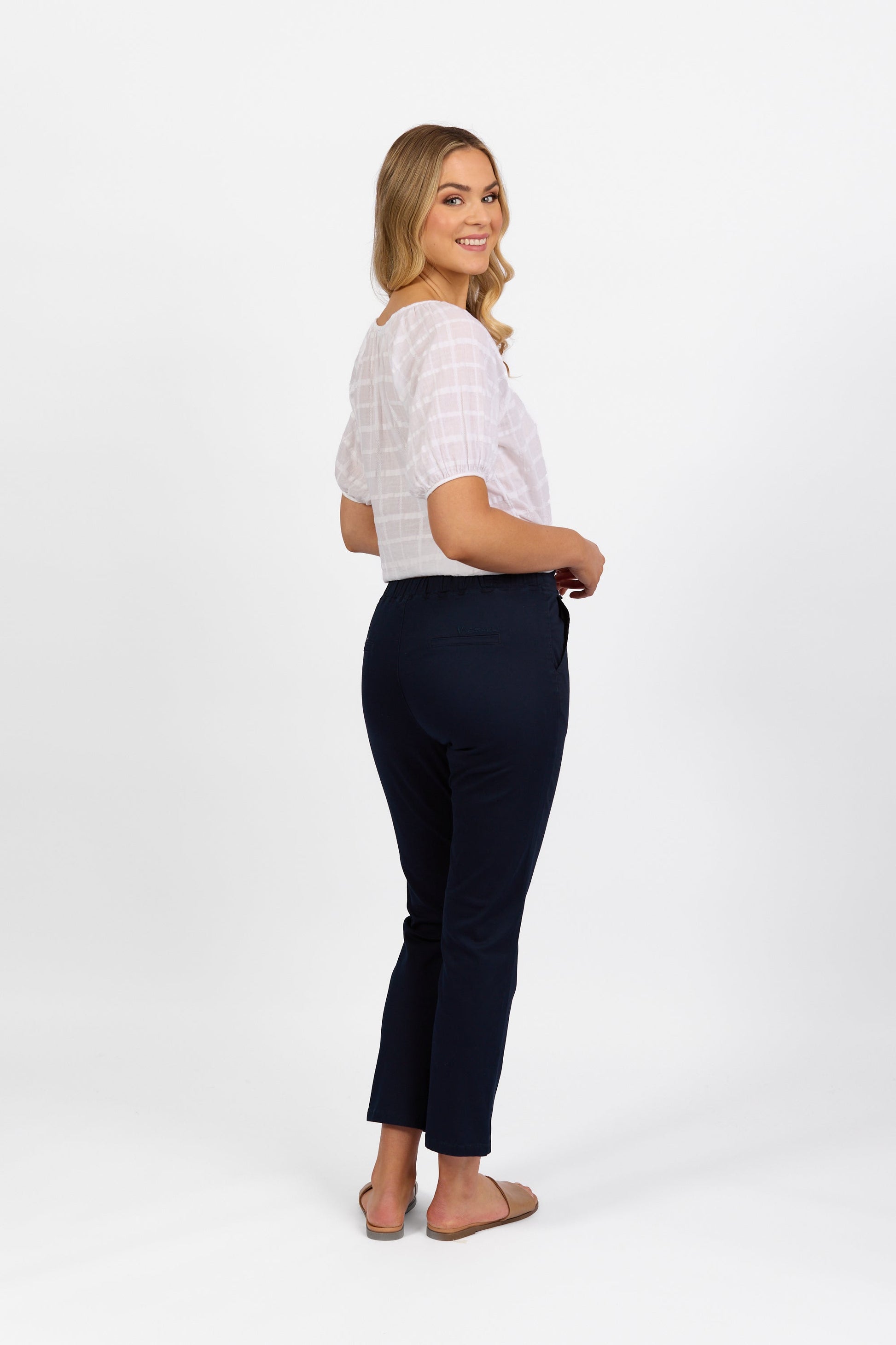 5011LW Navy - Plain Slim Leg Ankle Grazer Lightweight Pull On Pant - Vassalli