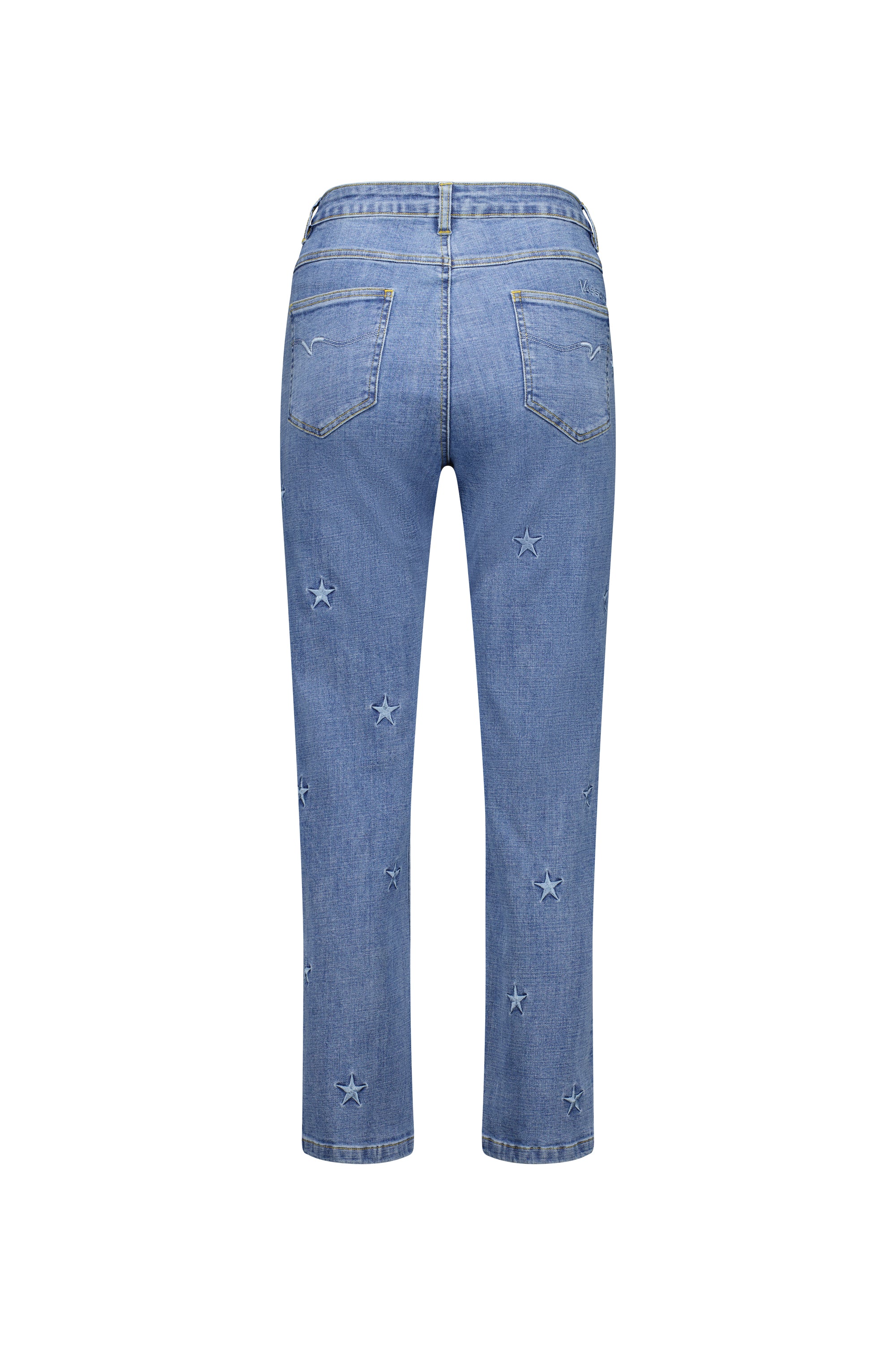 The Vassalli Onya Jean in Light Wash features a straight-leg cut, classic waistband with belt loops, two rear pockets, and small star-shaped embroidery scattered along the legs.