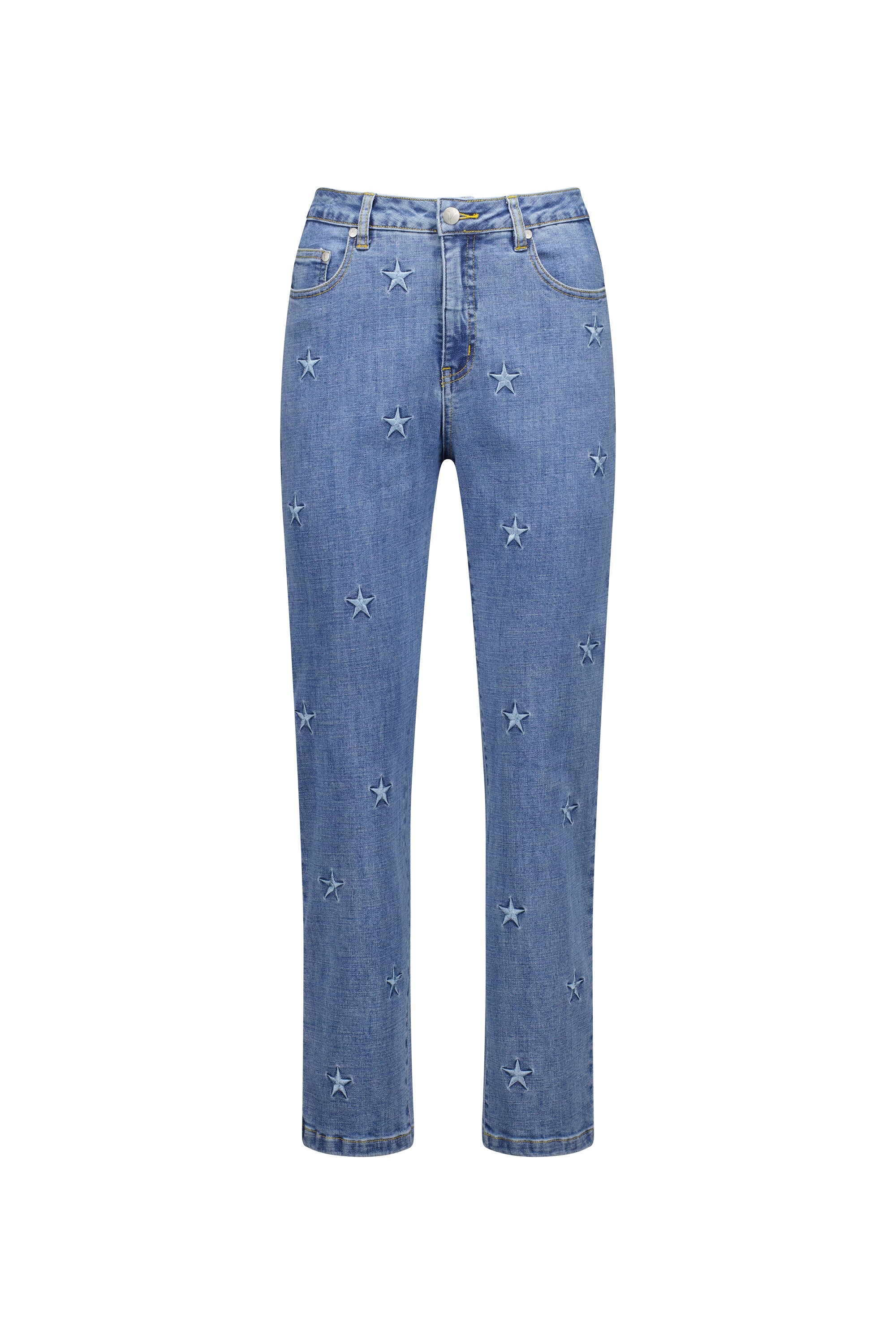 The Vassalli Onya Jean in light wash features a straight-leg, ankle-grazer fit with small embroidered white stars, five-pocket styling, and a button-zip closure.