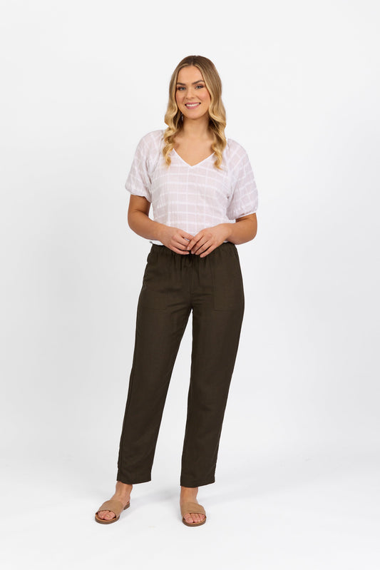 5016 Khaki - Slim Leg Ankle Grazer Pant with Full Elastic Waistband - Vassalli